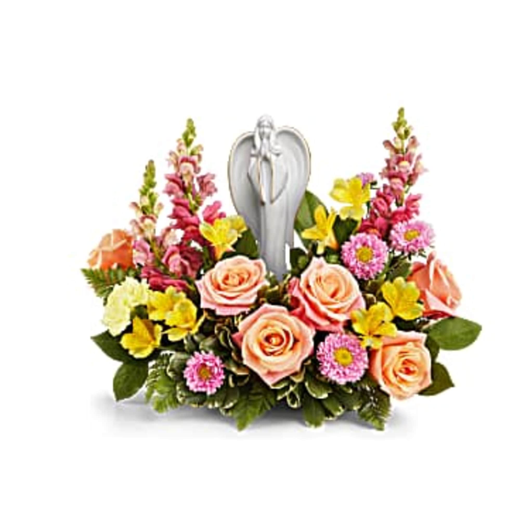 Flower arrangement with peach roses, pink blooms, and a silver angel figurine