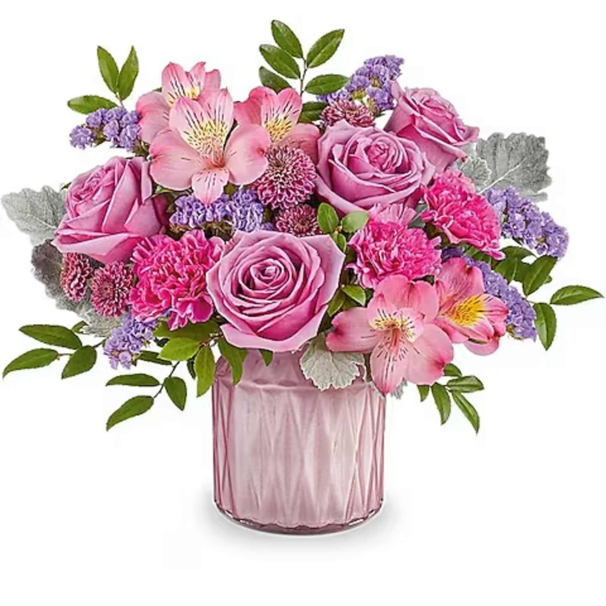 Pink roses and alstroemeria in a pink glass vase