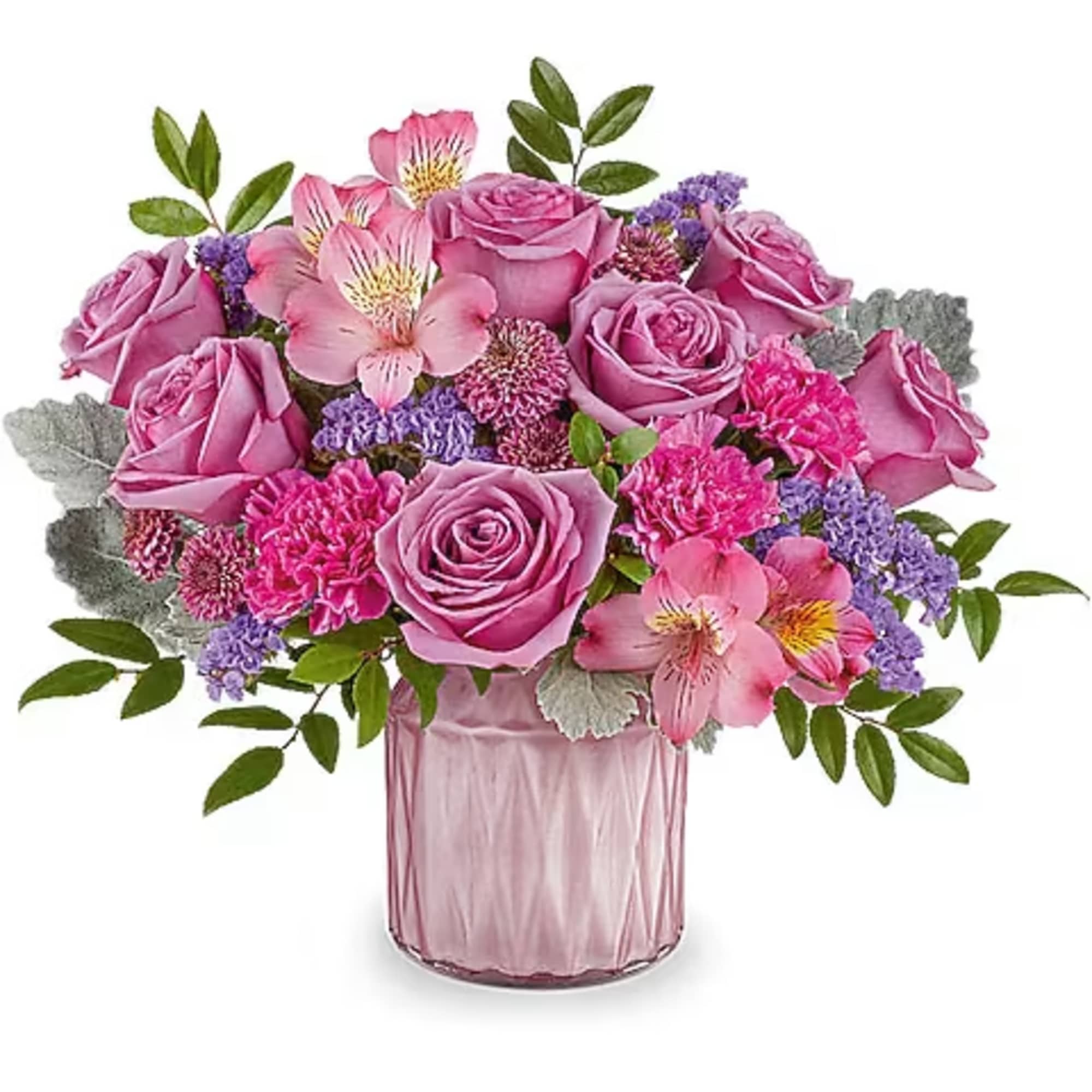 Pink roses and alstroemeria in a pink glass vase