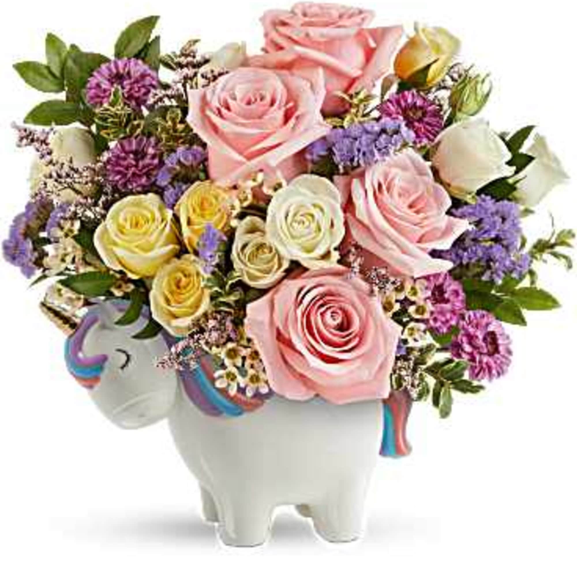 Pink and yellow roses in a white unicorn planter