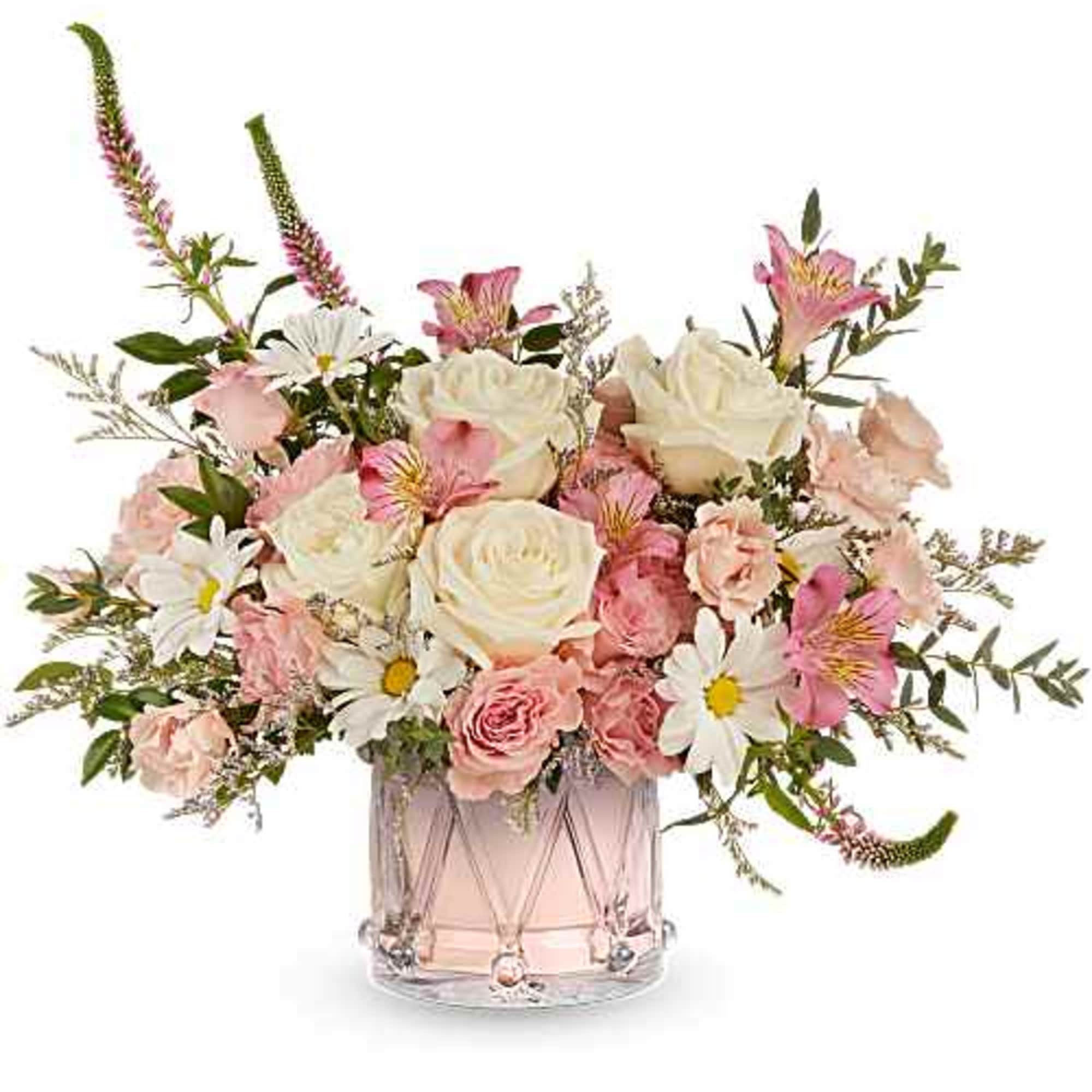 Pink and white mixed flower arrangement in a glass vase