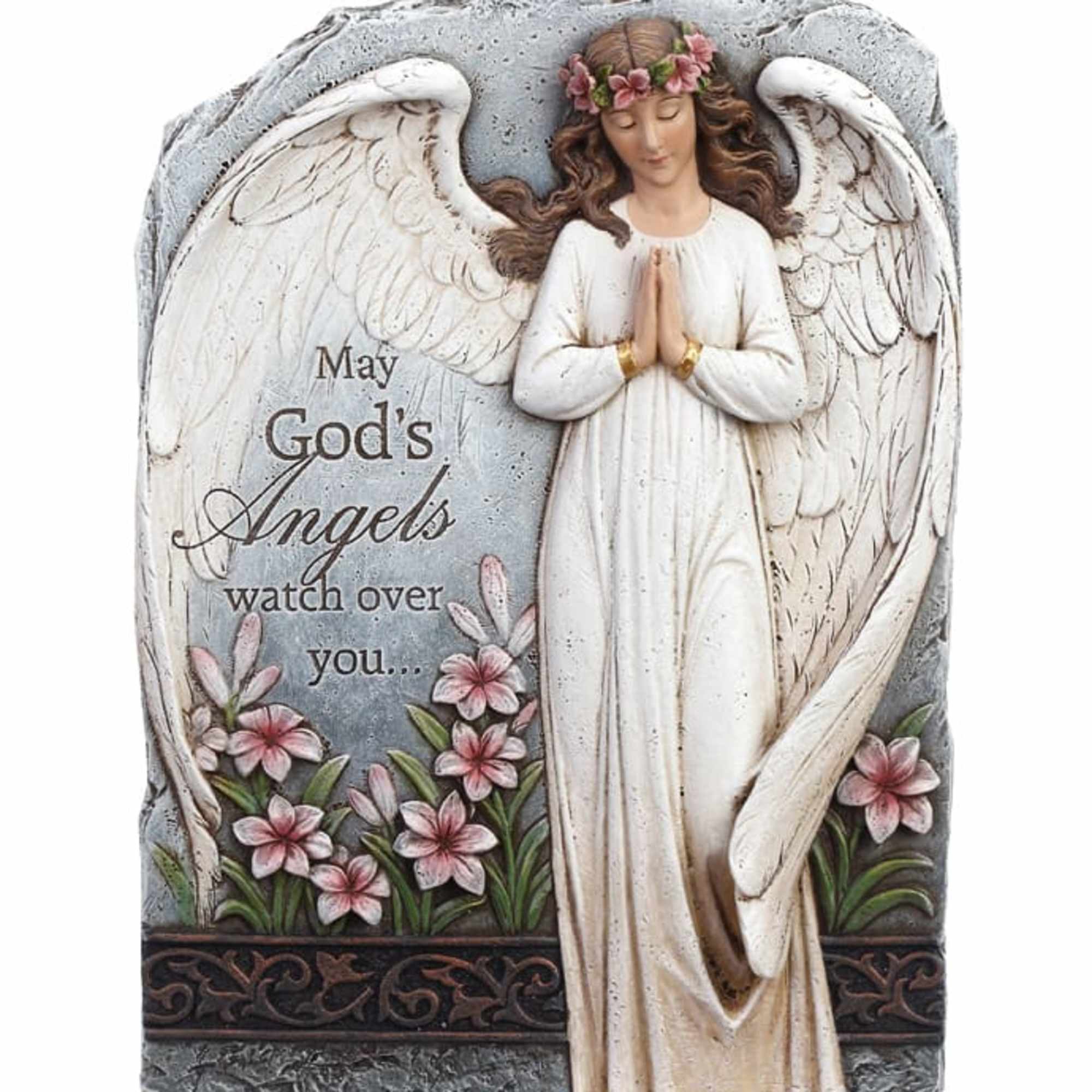 Angel memorial plaque with pink flowers and the text 'May God's Angels watch over you...'