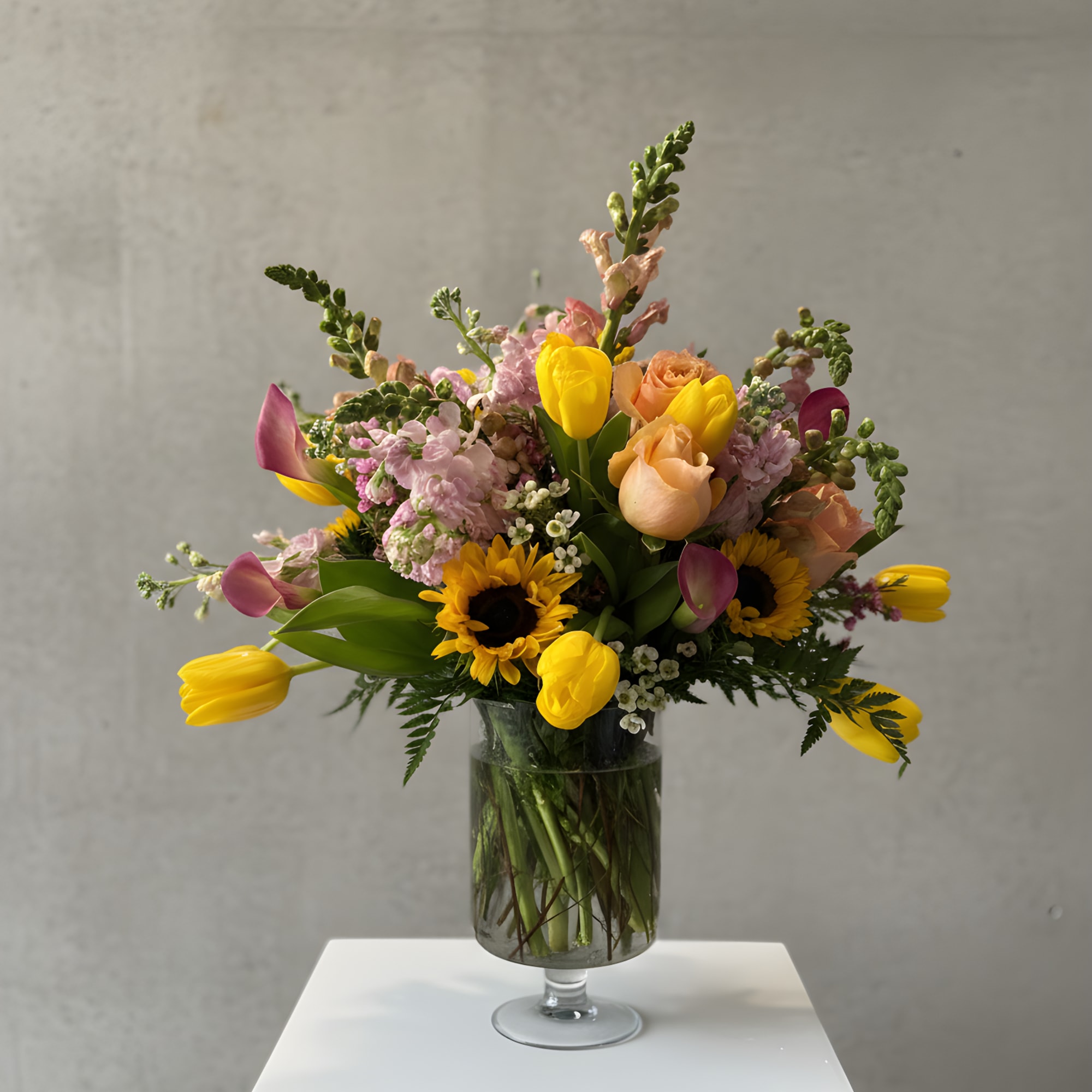 Mixed bouquet of tulips, roses, sunflowers, and pink blooms in a glass vase