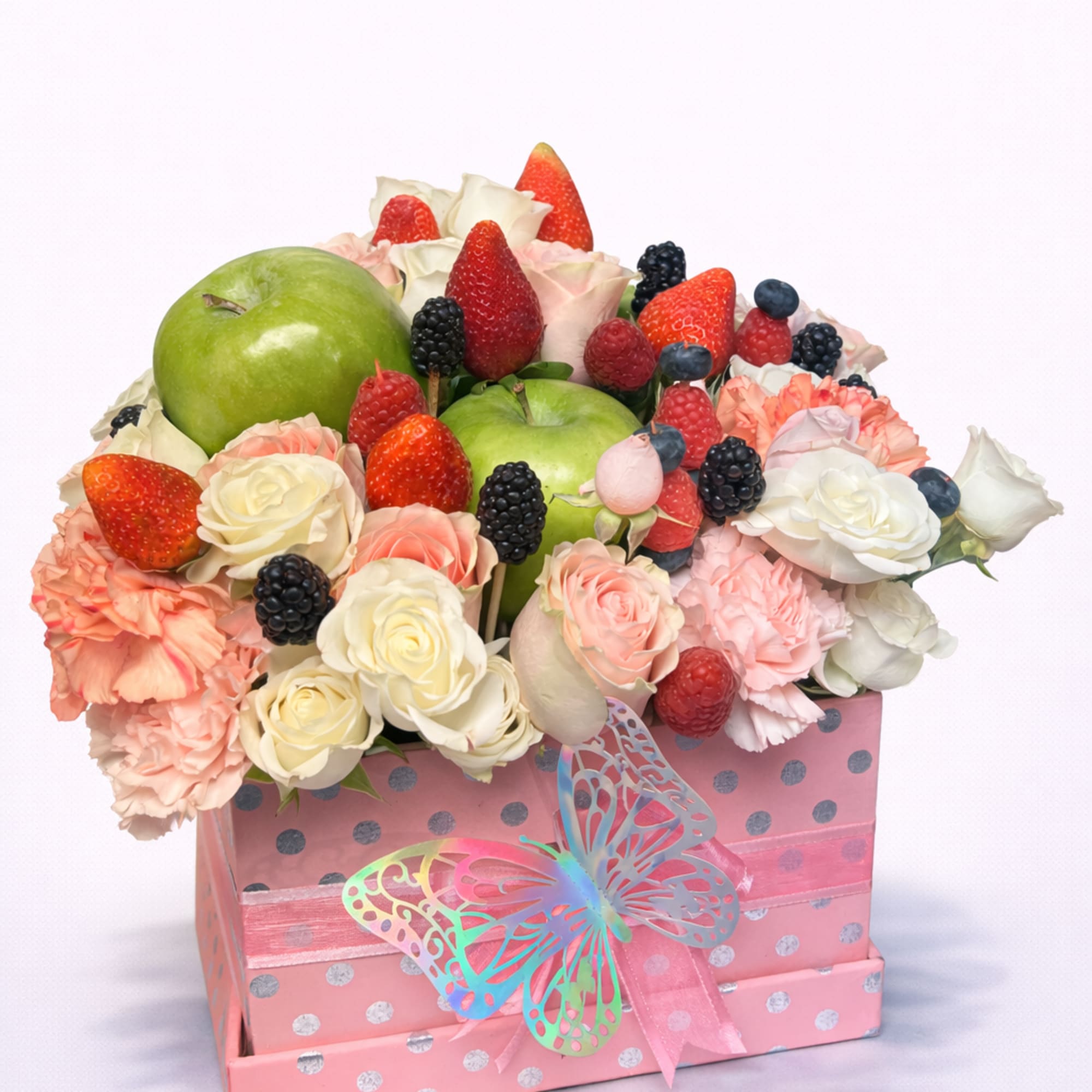 Pink gift box with roses, carnations, fruit, and berries