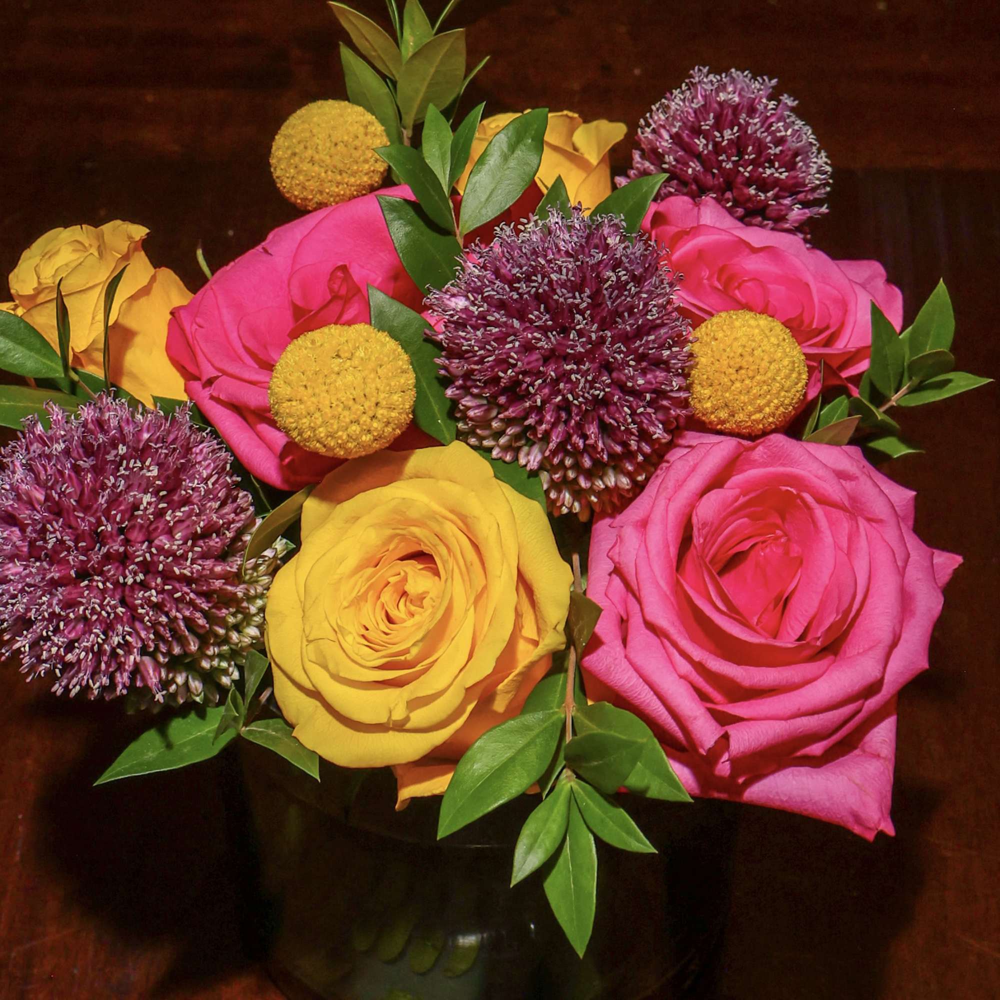 Mix of lively colored 2 dozen roses and various pom pom colors, photo 2 of 2