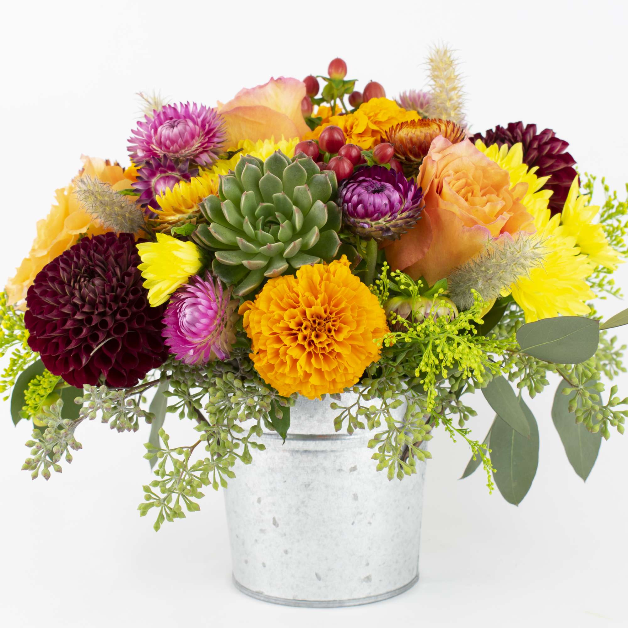 Colorful mixed bouquet in a metal bucket with a succulent center, photo 4 of 4