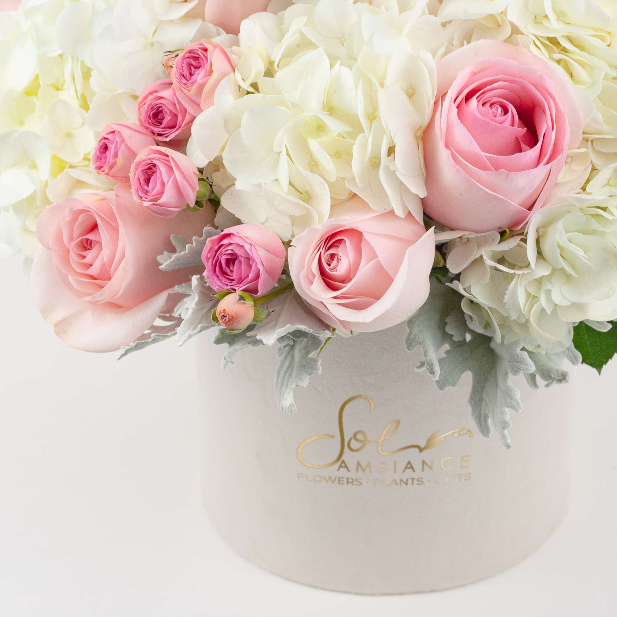 Pink roses and white hydrangeas in a white hatbox