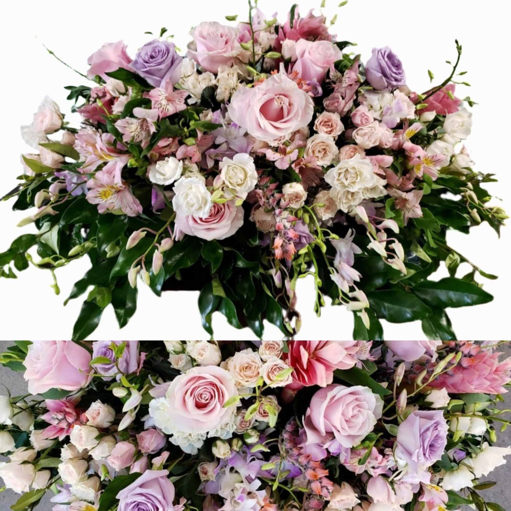 Large pastel bouquet of pink and lavender roses with mixed blooms