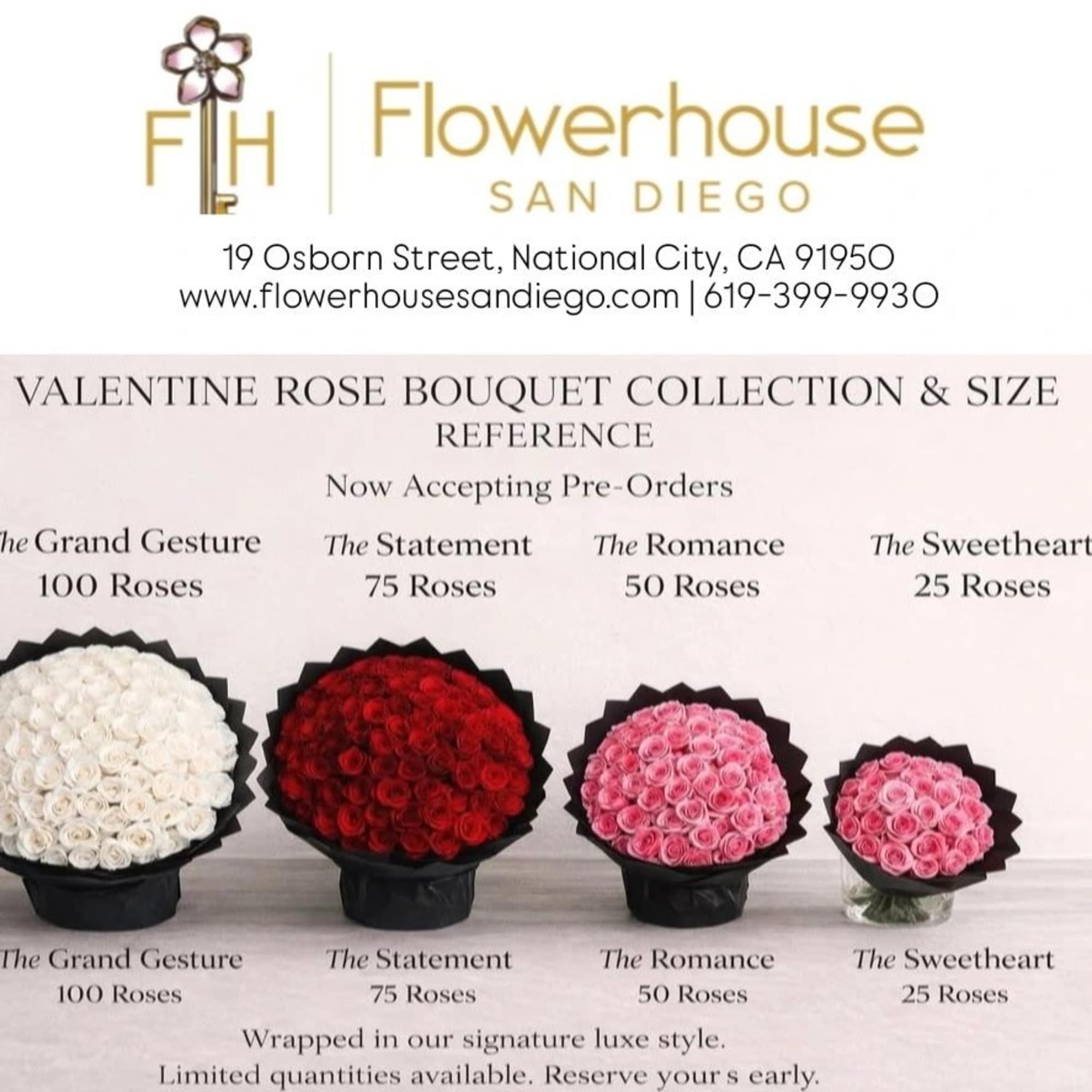 Poster showing four rose bouquets in white, red, and pink.