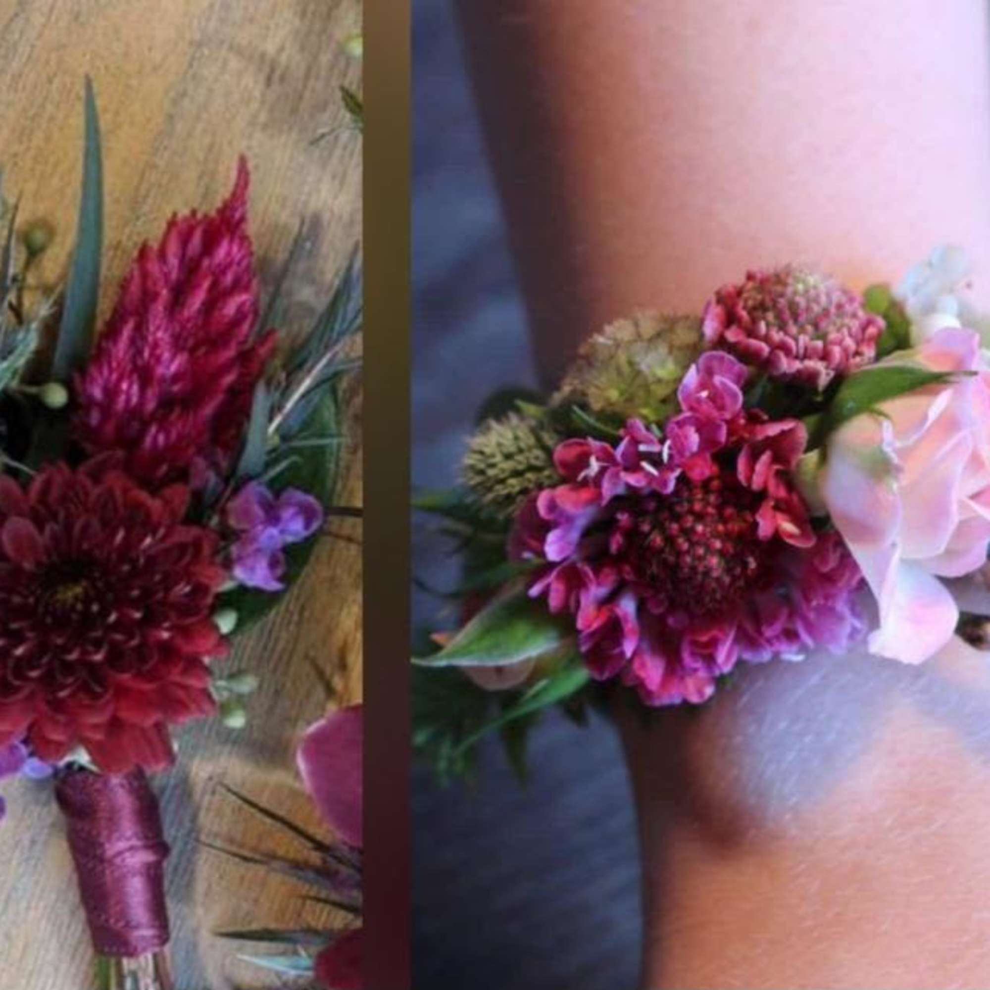 A pair of wrist corsages crafted for prom, weddings, or any special