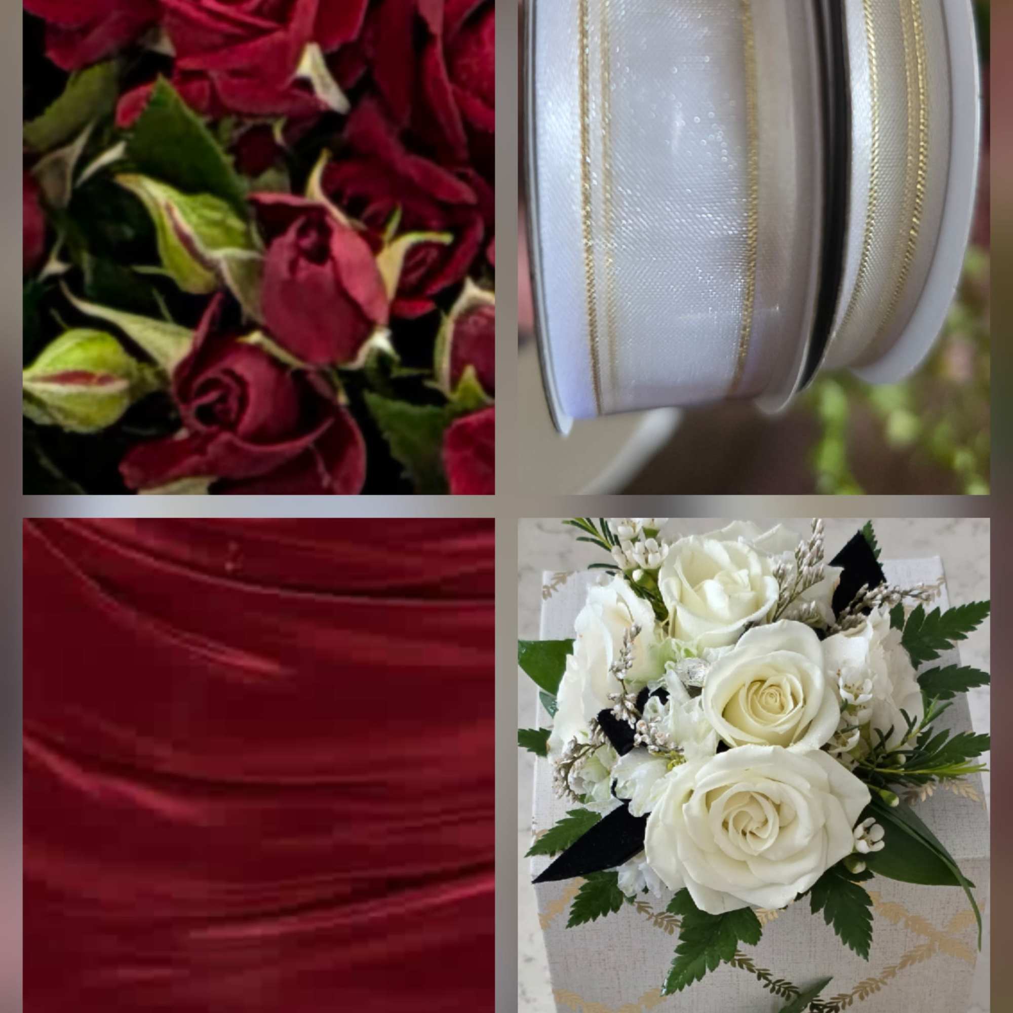 A compact cluster of deep burgundy roses paired with crisp white blooms