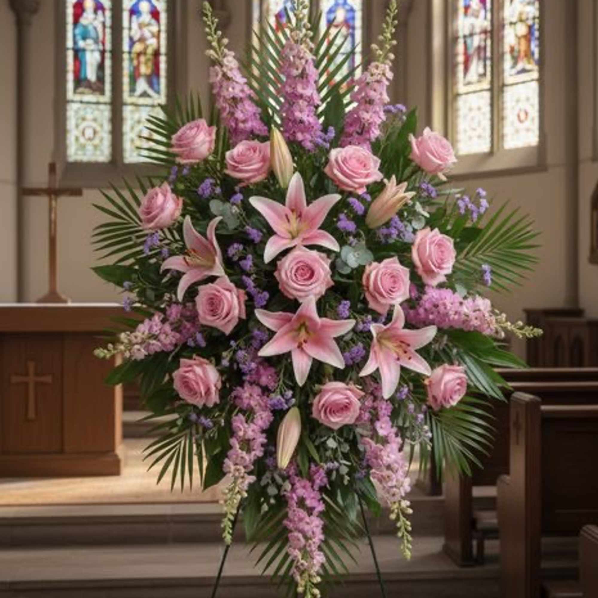 Tall pink floral standing spray with roses and lilies in a church