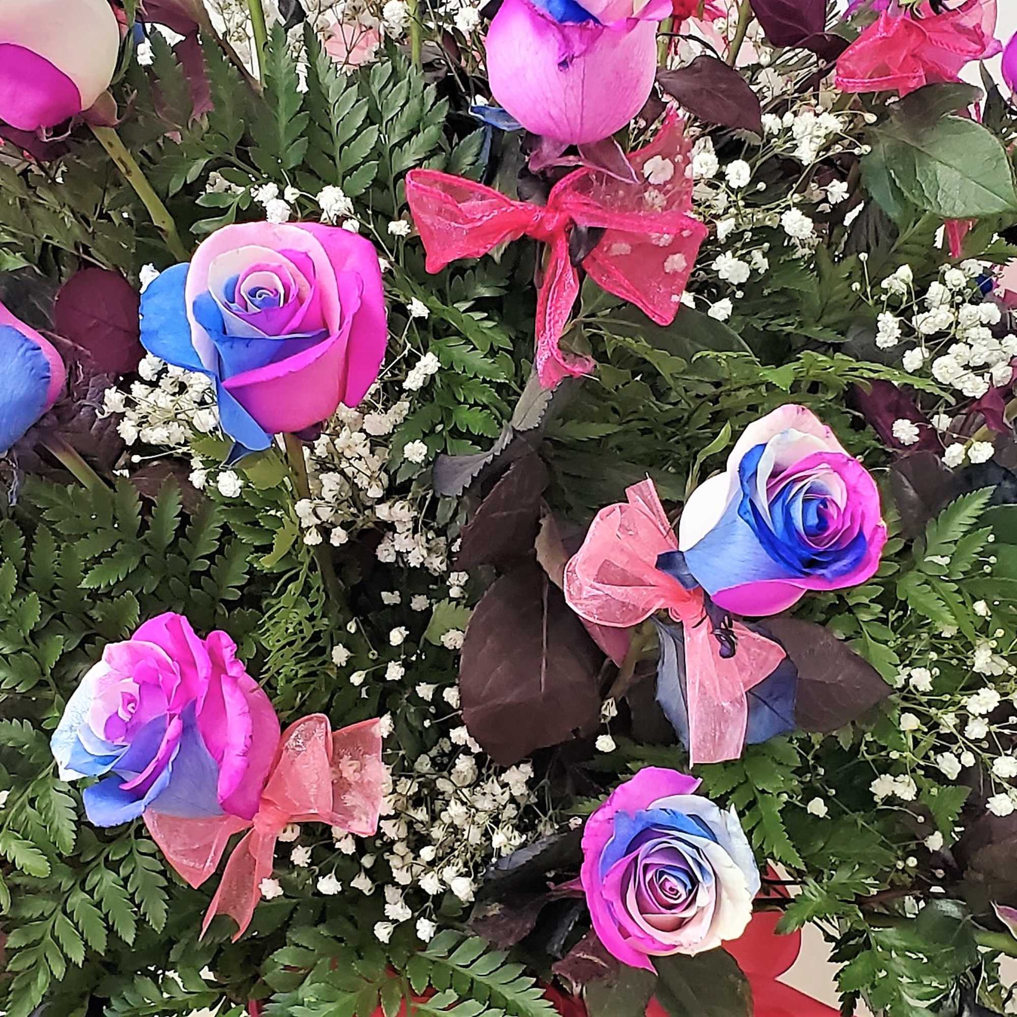 Bouquet of multicolored roses with baby's breath