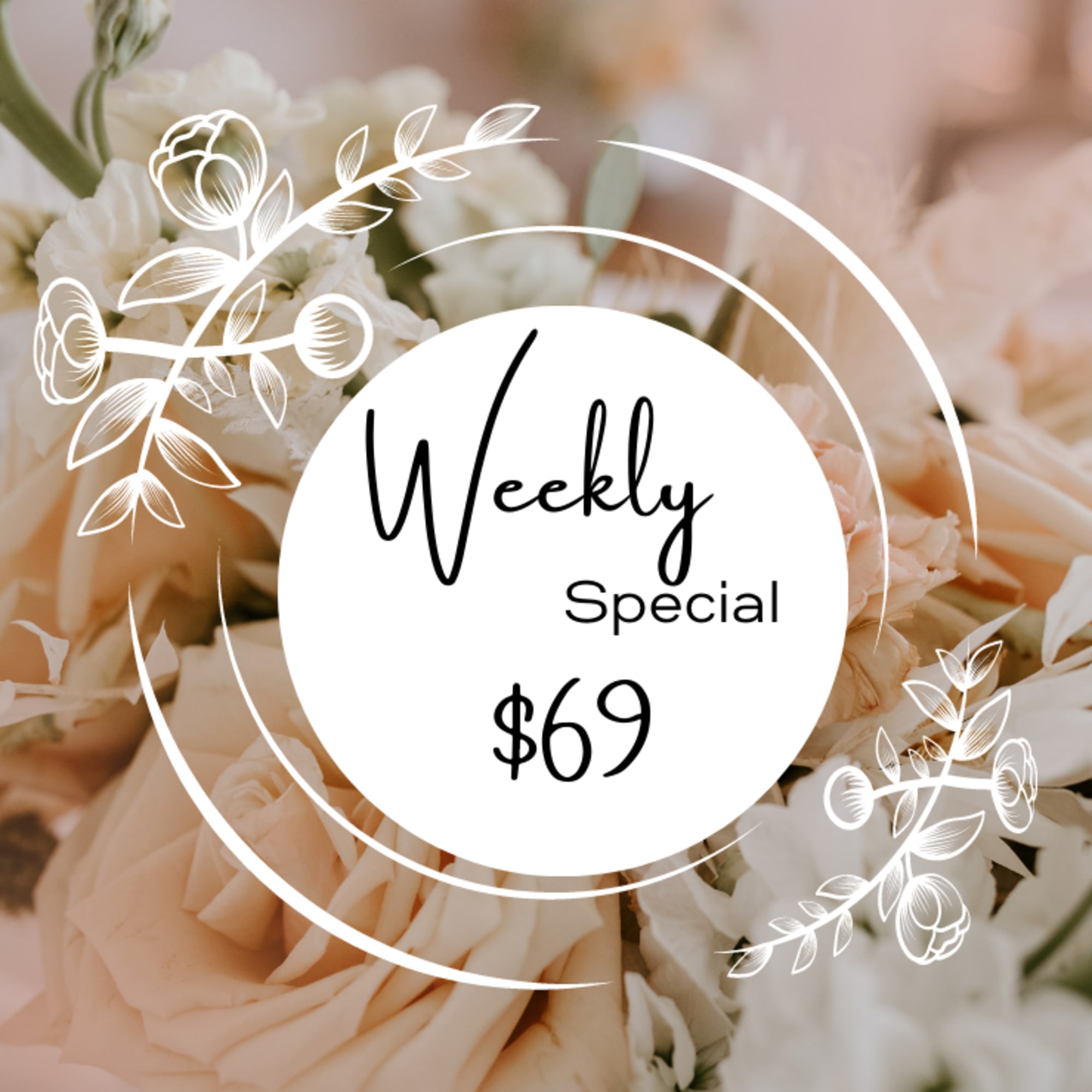 Peach and white roses with a weekly special price label