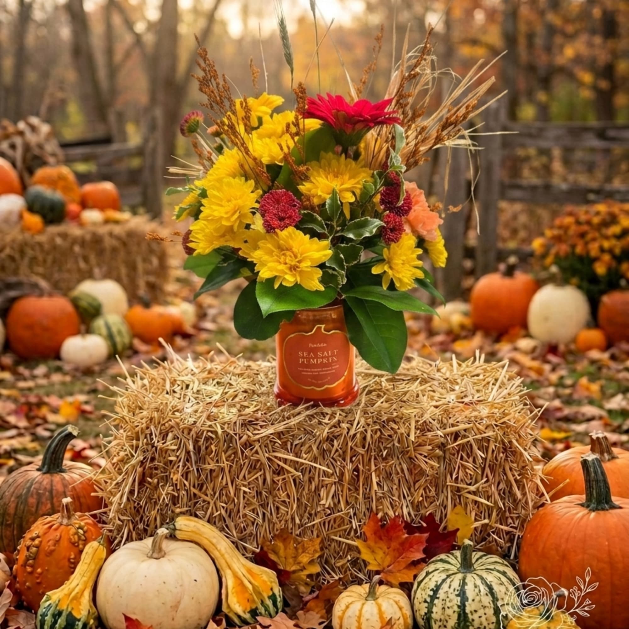 Fall flower arrangement in a candle jar surrounded by pumpkins and hay bales