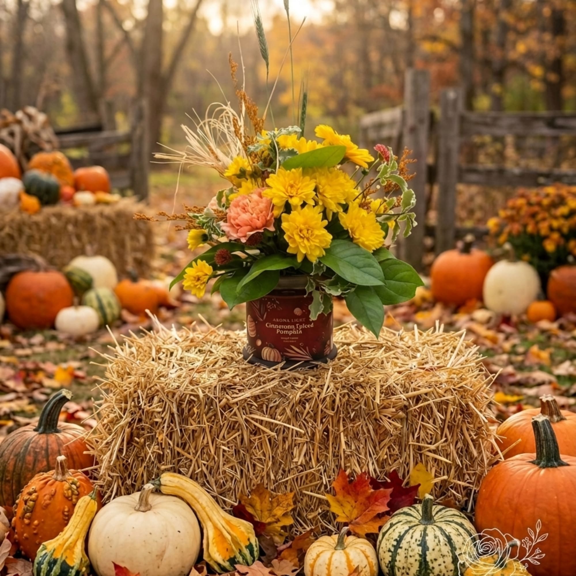 Fall flower arrangement in a candle jar surrounded by pumpkins and hay bales.