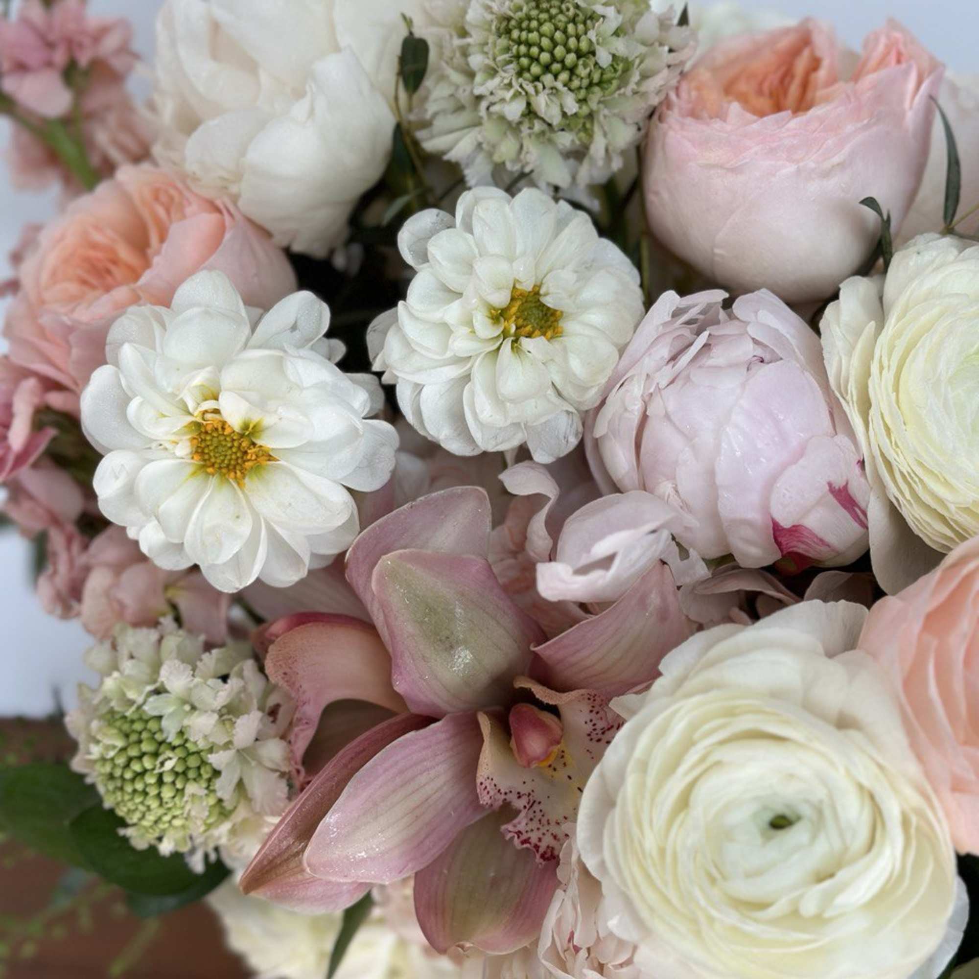 Bouquet of blush, white, and peach flowers with orchids and ranunculus