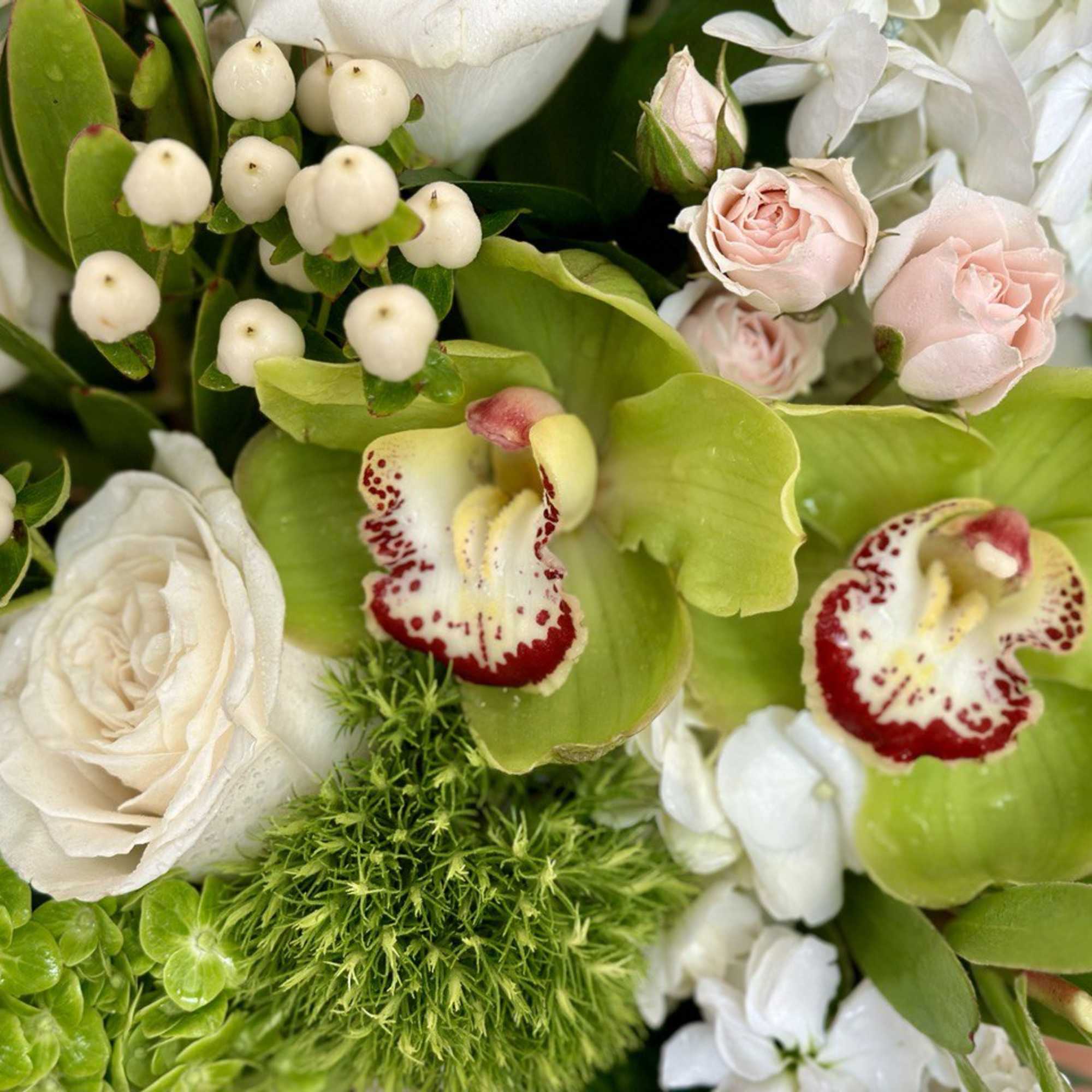 Bouquet of white and pale pink flowers with bright green accents