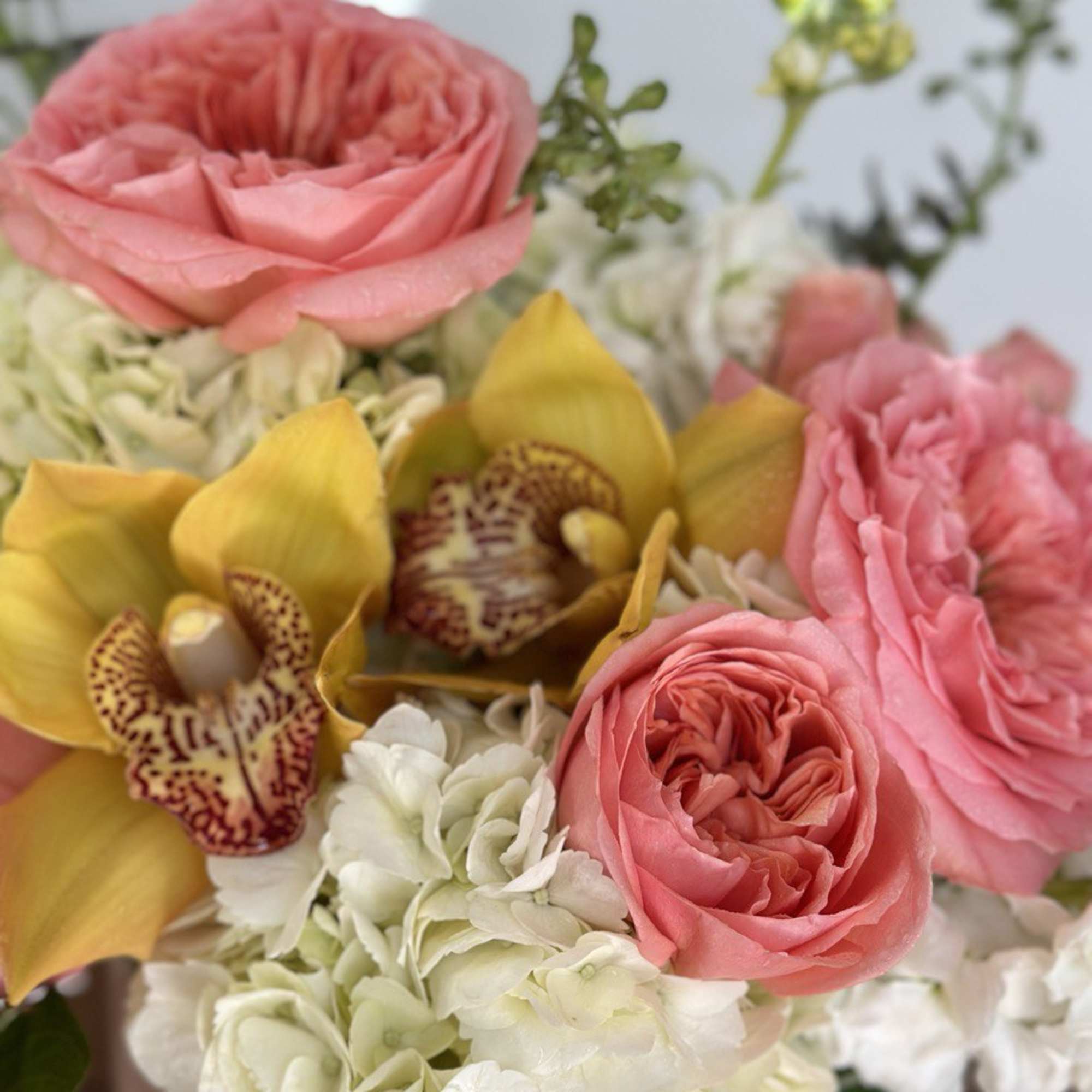 Pink roses and yellow orchids with white hydrangeas in a bouquet