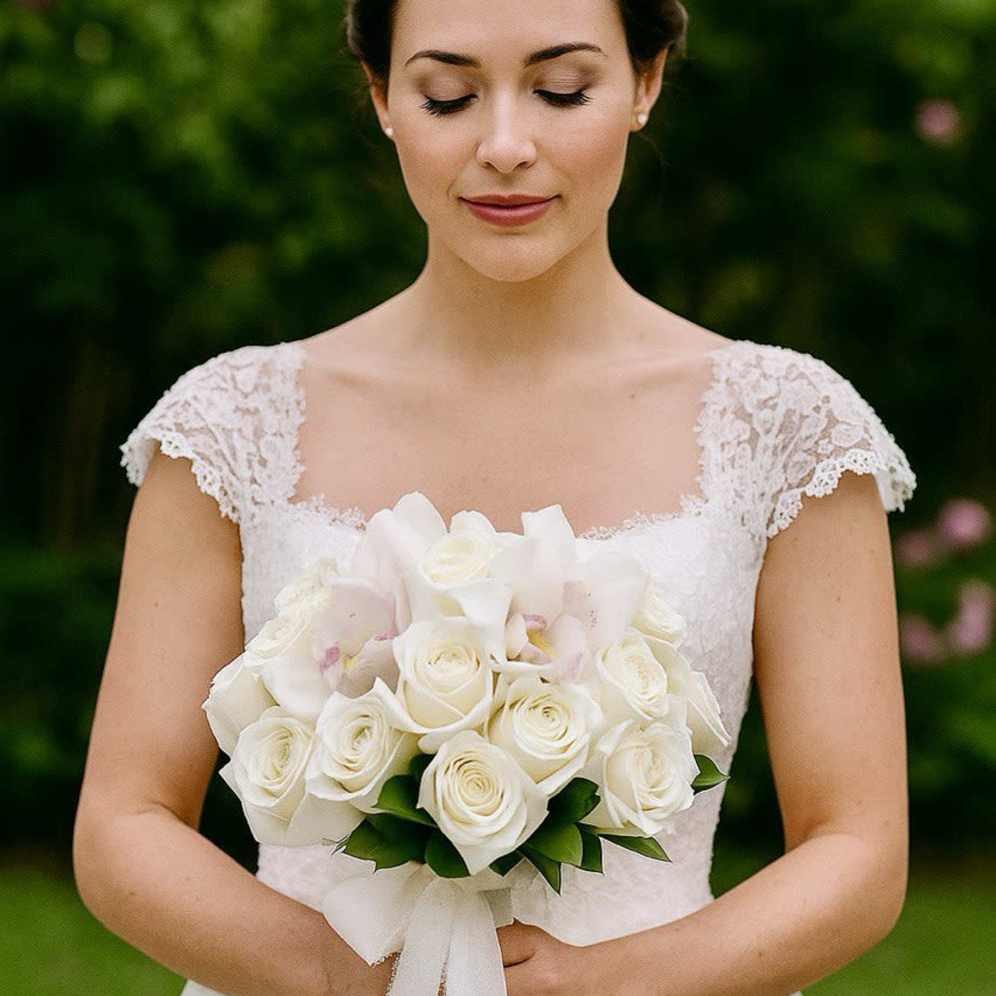Bride holding a bouquet of white roses