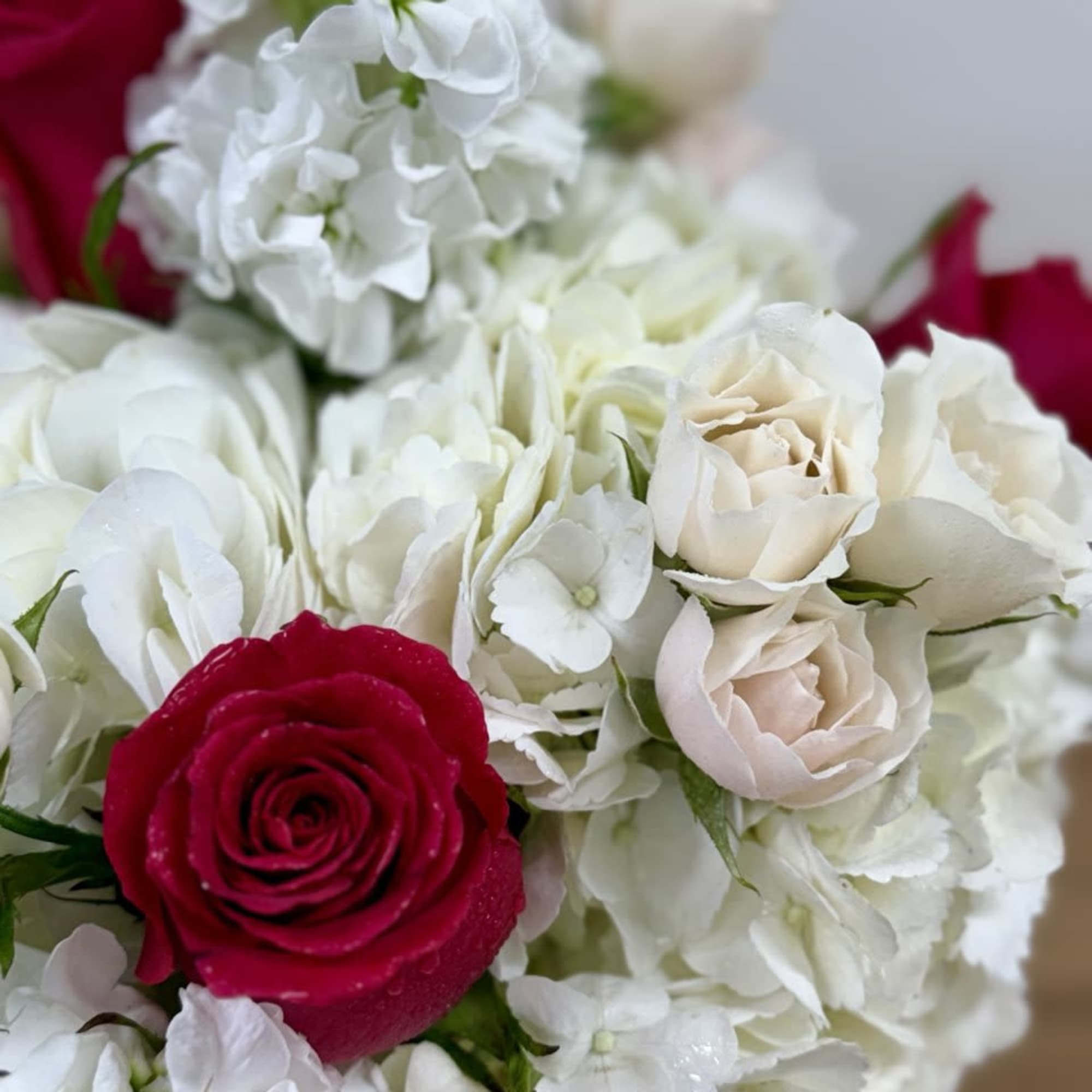 Bouquet of white flowers with red and blush roses
