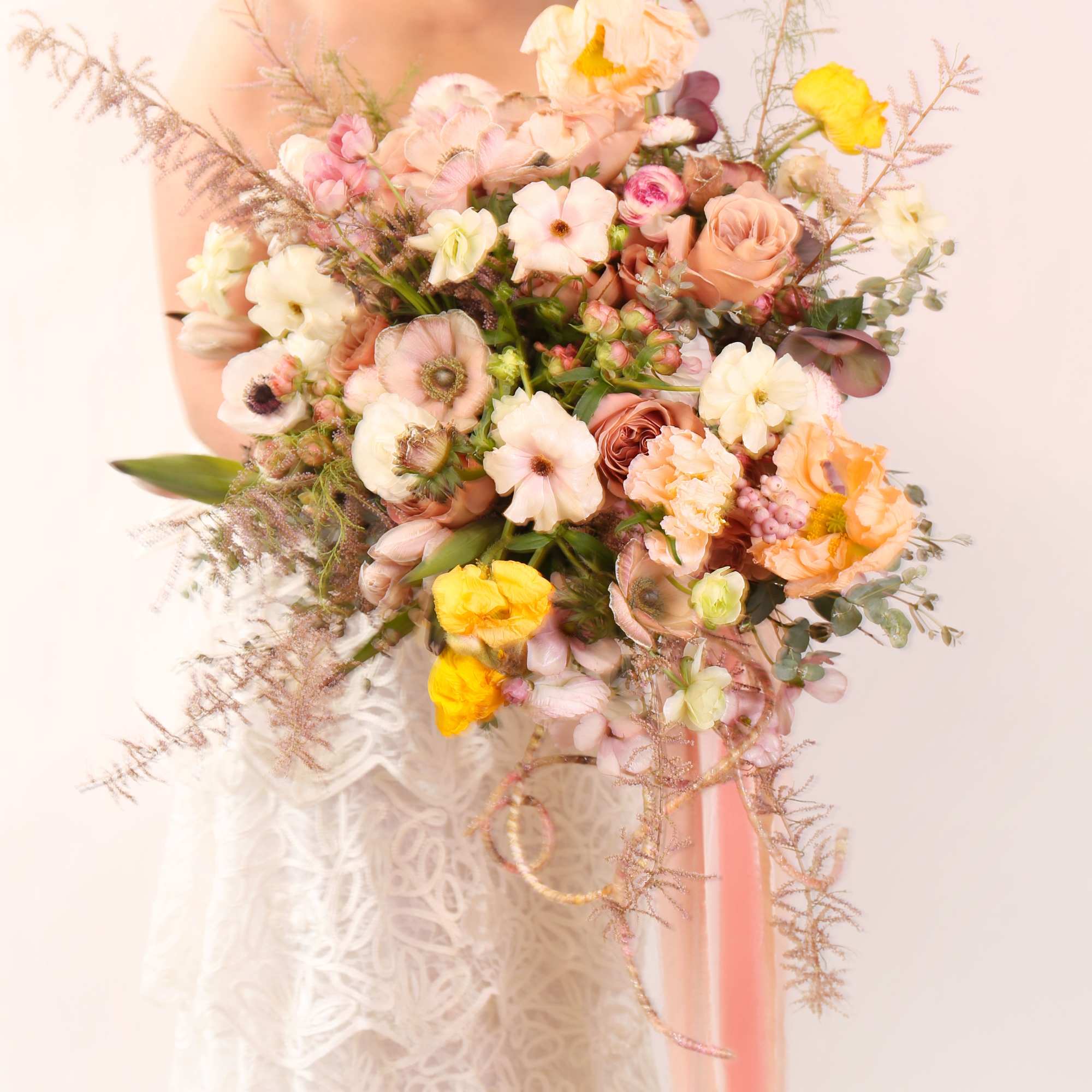 A luxury Cafe Latte Garden rose arrangement with butterfly ranunculus, Anemone, poppies, photo 2 of 3