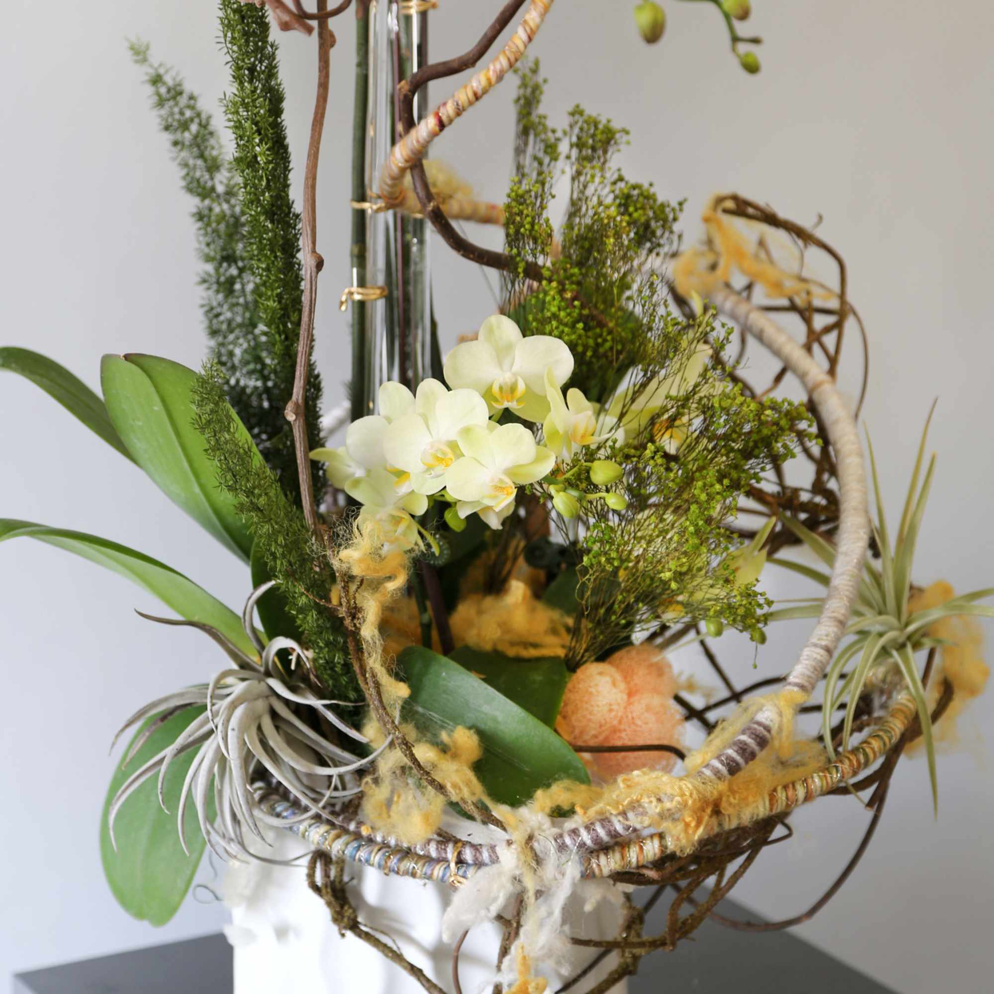 This artful arrangement featuring large white Phalaenopsis orchids blooming and complemented with, photo 2 of 3