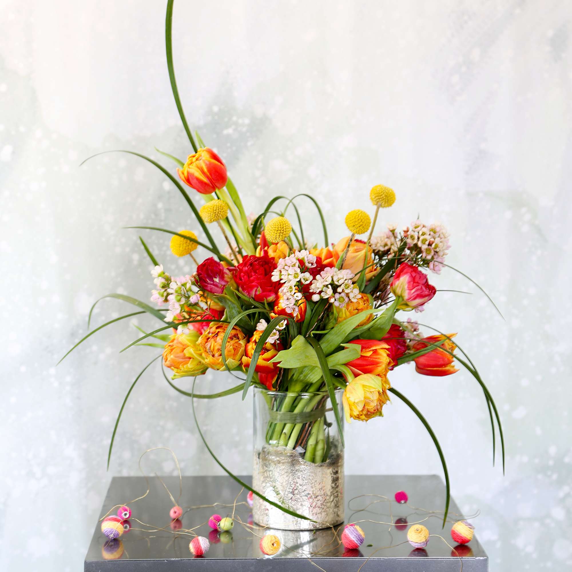 27-30 stems Multi cheerful color Tulips arrange with Craspedia Billy, Bear grass