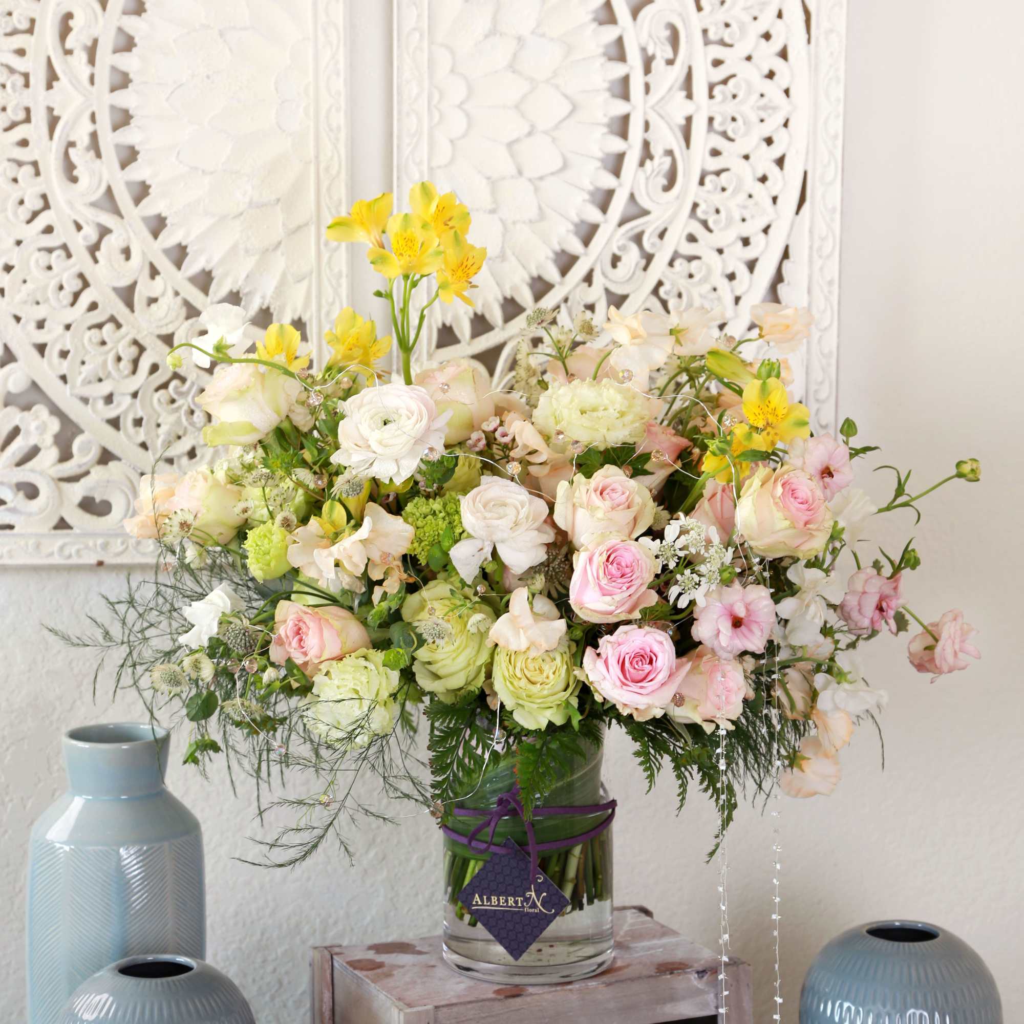 Pic shown as deluxe size. Features Blushes roses, ranunculus, sweet peas with, photo 3 of 7