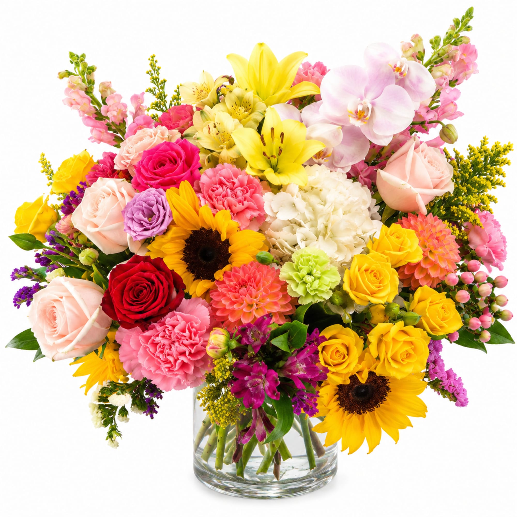 Sunflowers and roses highlight this lavish display of color and variety that, photo 2 of 2