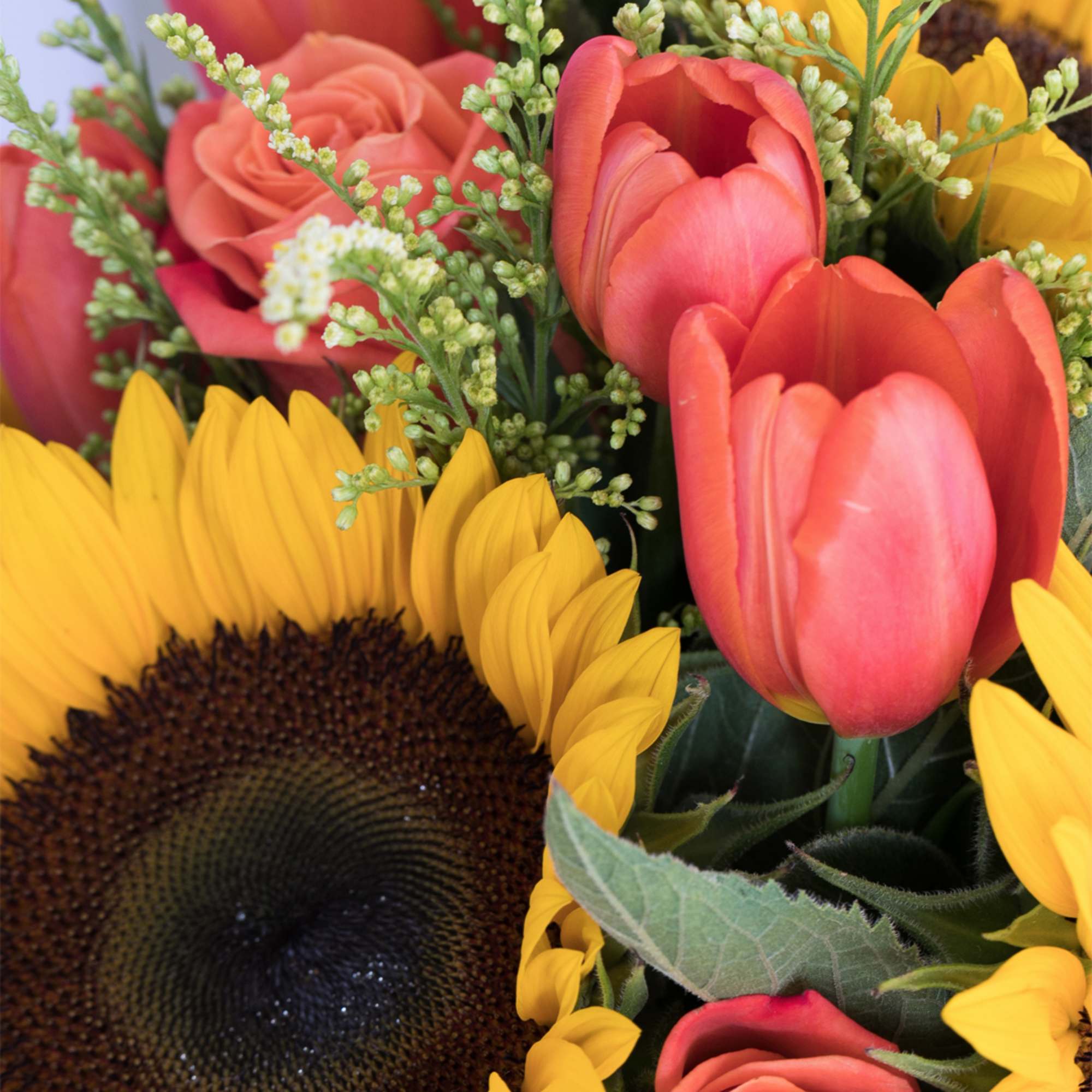 Close-up of a yellow sunflower with coral tulips and roses in a bright mixed arrangement