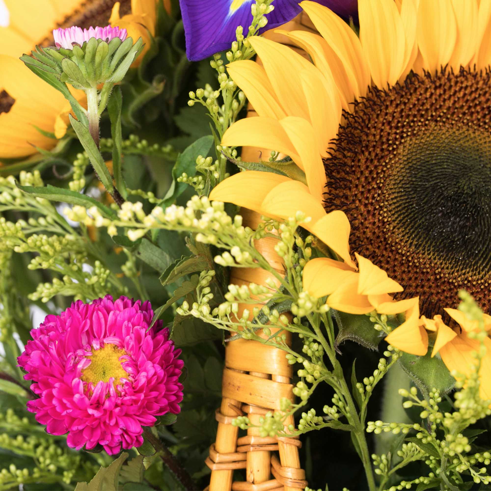 Close-up of a bouquet with a large yellow sunflower, pink aster, and purple iris blooms.