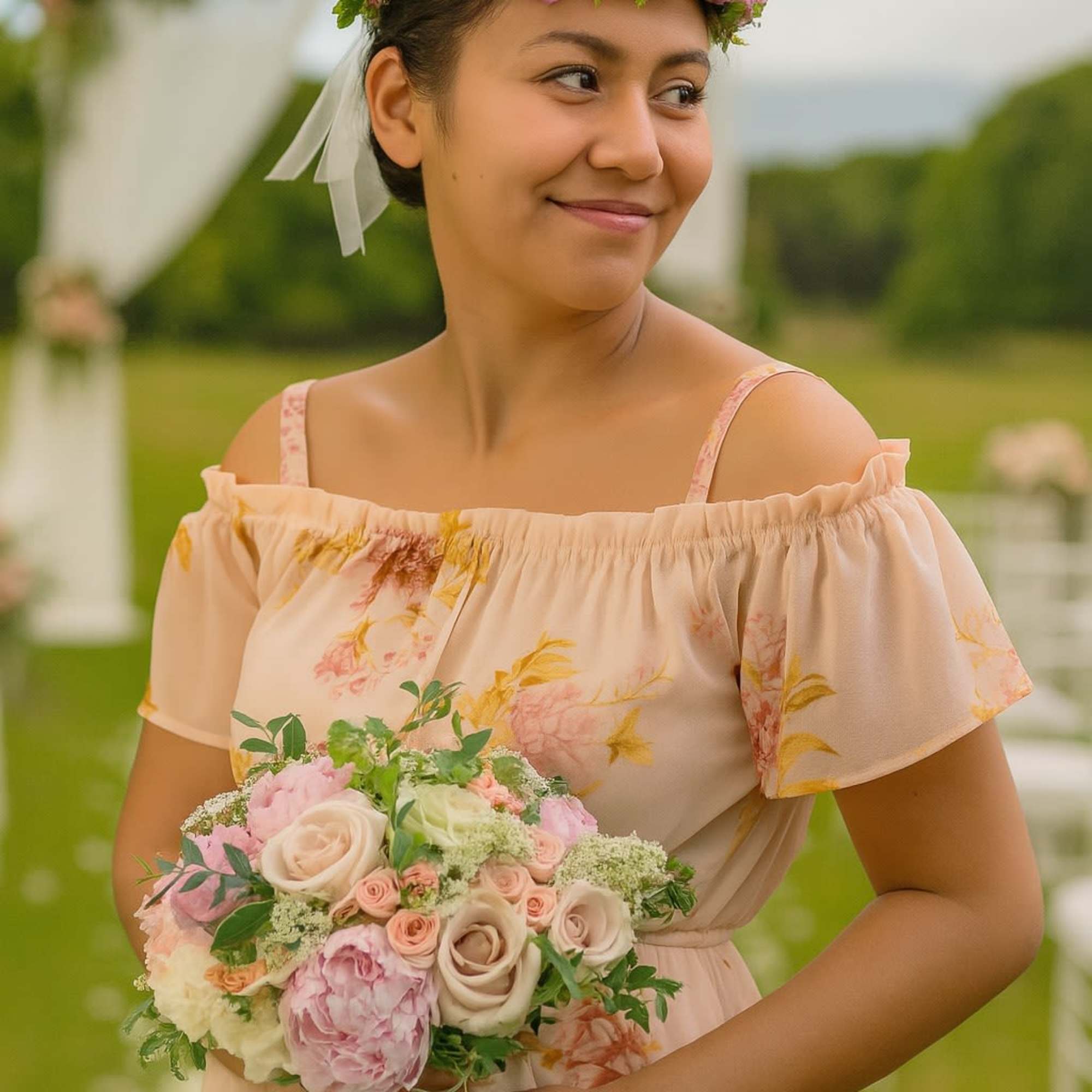 Woman outdoors holding pastel pink wedding bouquet and wearing matching floral crown