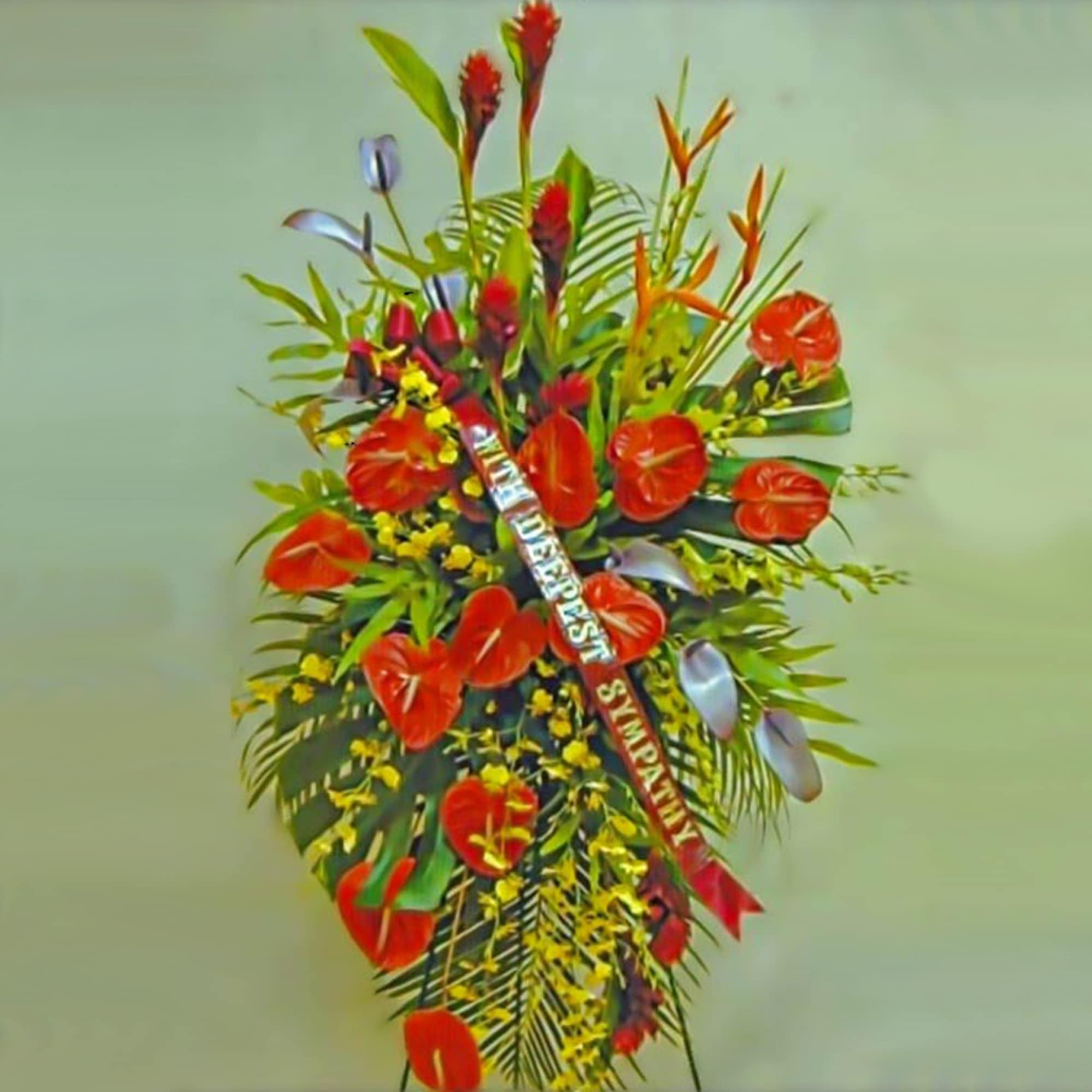 Tall standing sympathy spray with red tropical flowers and a sympathy ribbon