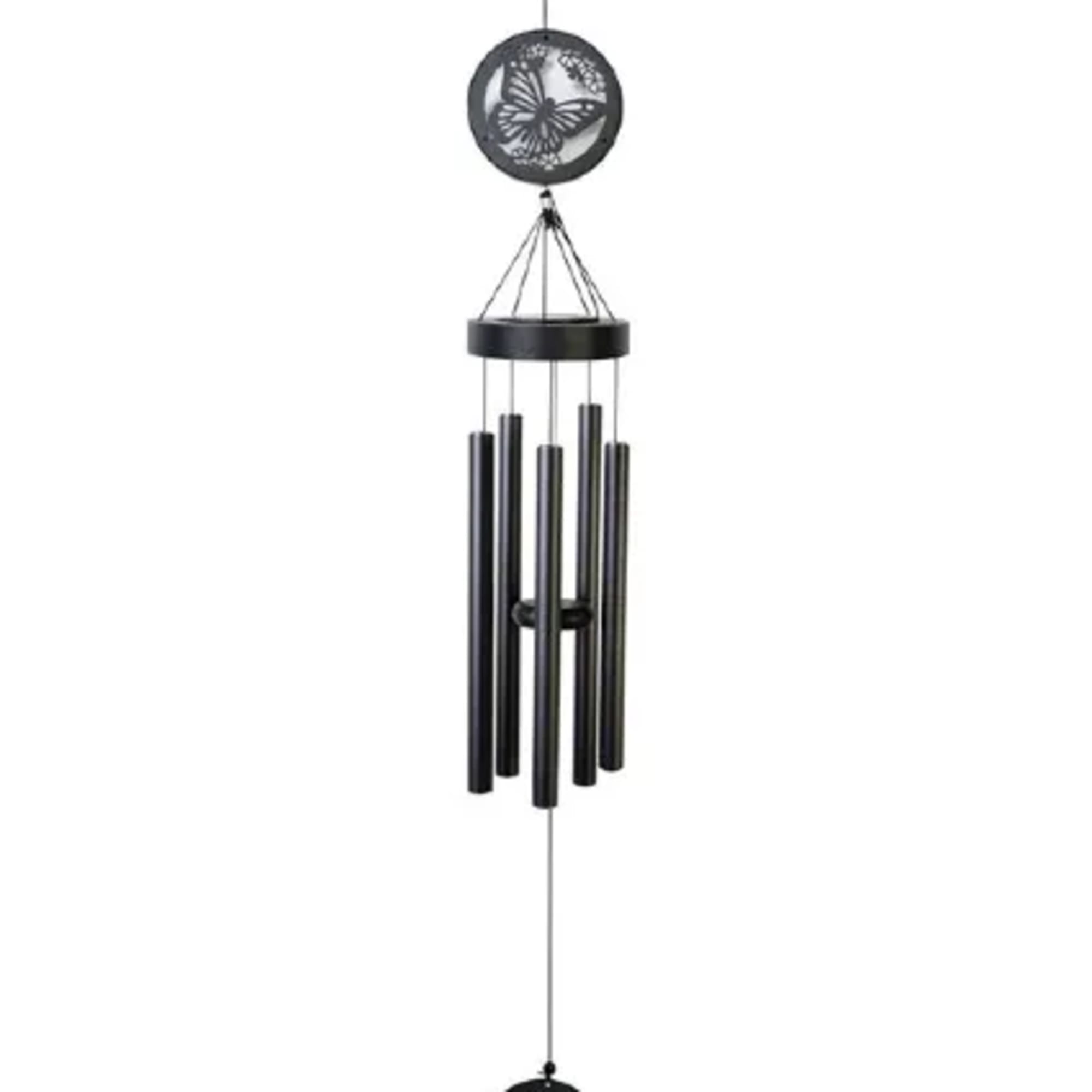 Black butterfly wind chime with hanging metal tubes