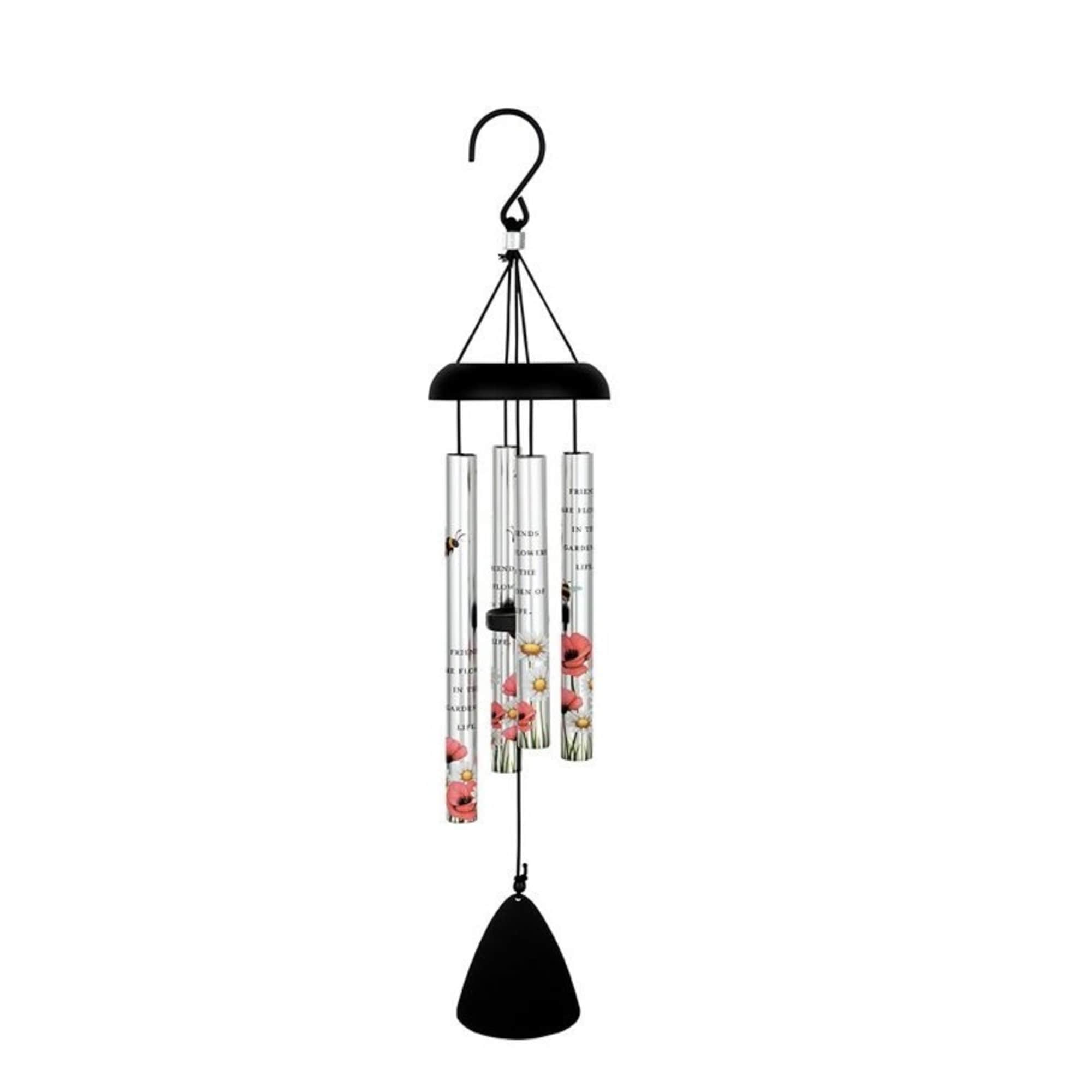 Black hanging wind chime with printed floral tubes and a bell