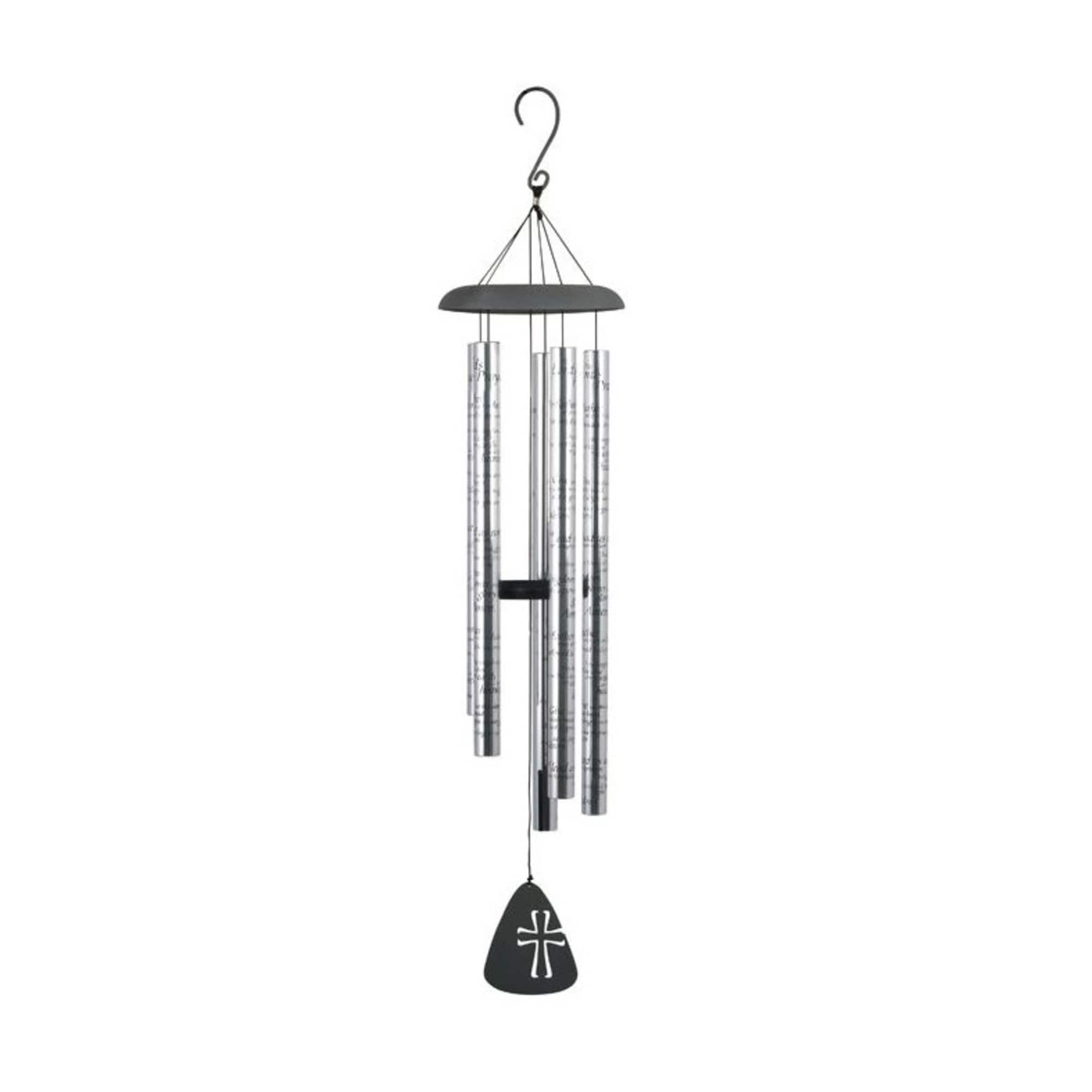 Silver wind chime with a black top and hanging clapper