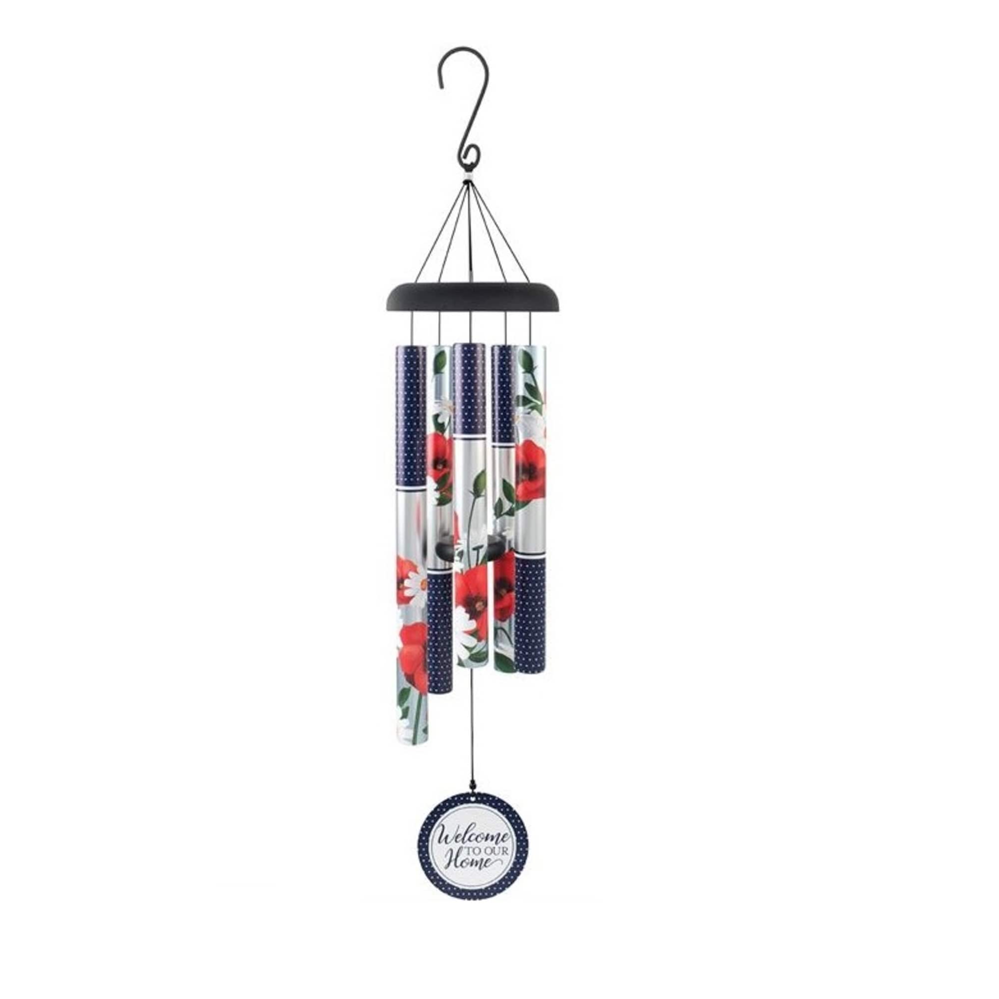 Hanging wind chime with floral-patterned tubes and a "Welcome to Our Home" tag