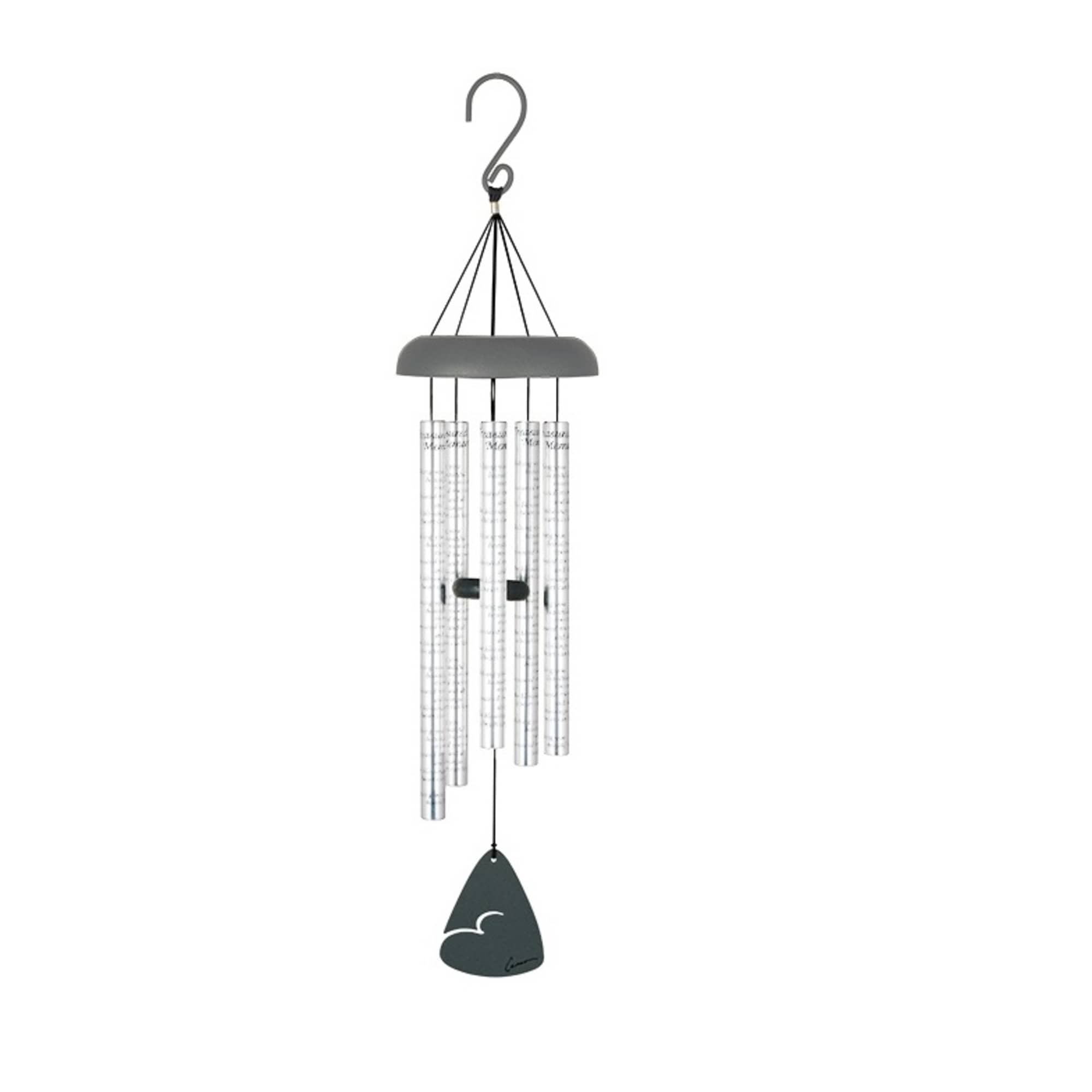 Hanging metal wind chime with silver tubes and a dark clapper