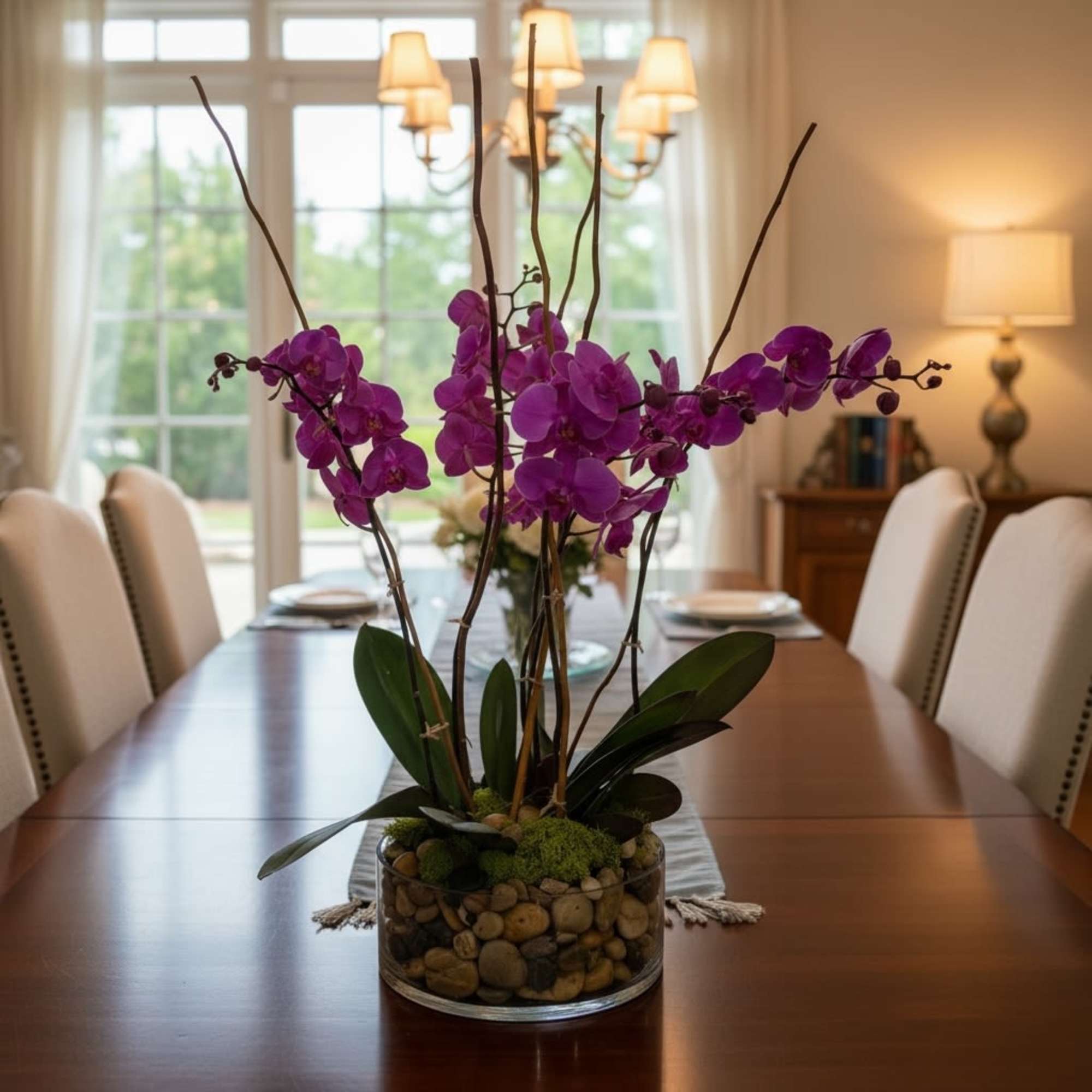 Vivid purple Phalaenopsis orchids arc gracefully from a low glass bowl to, photo 2 of 2