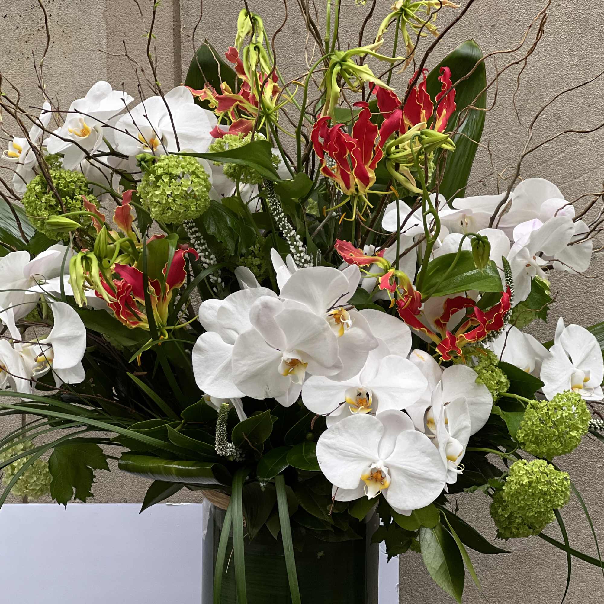 Large arrangement of white orchids and red tropical flowers in a tall vase