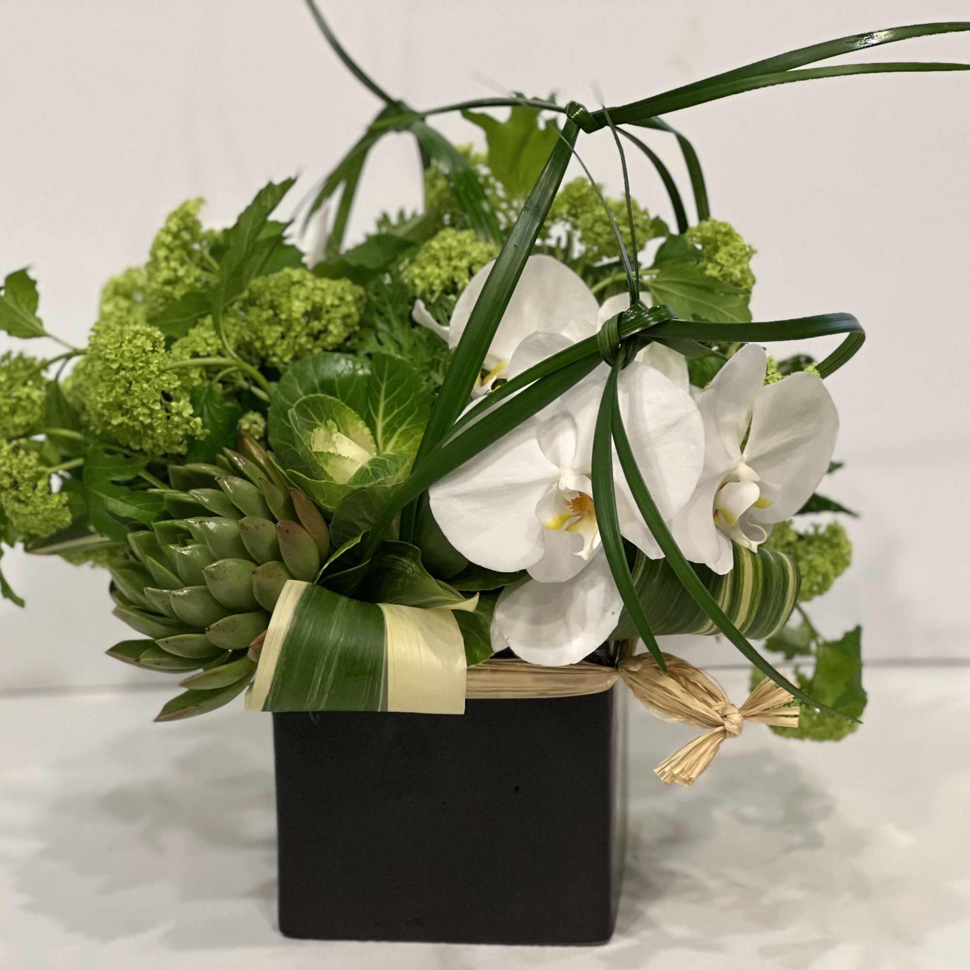 White phalaenopsis orchid surrounded by snow ball viburnum, Cale and succulent. 
over, photo 4 of 6