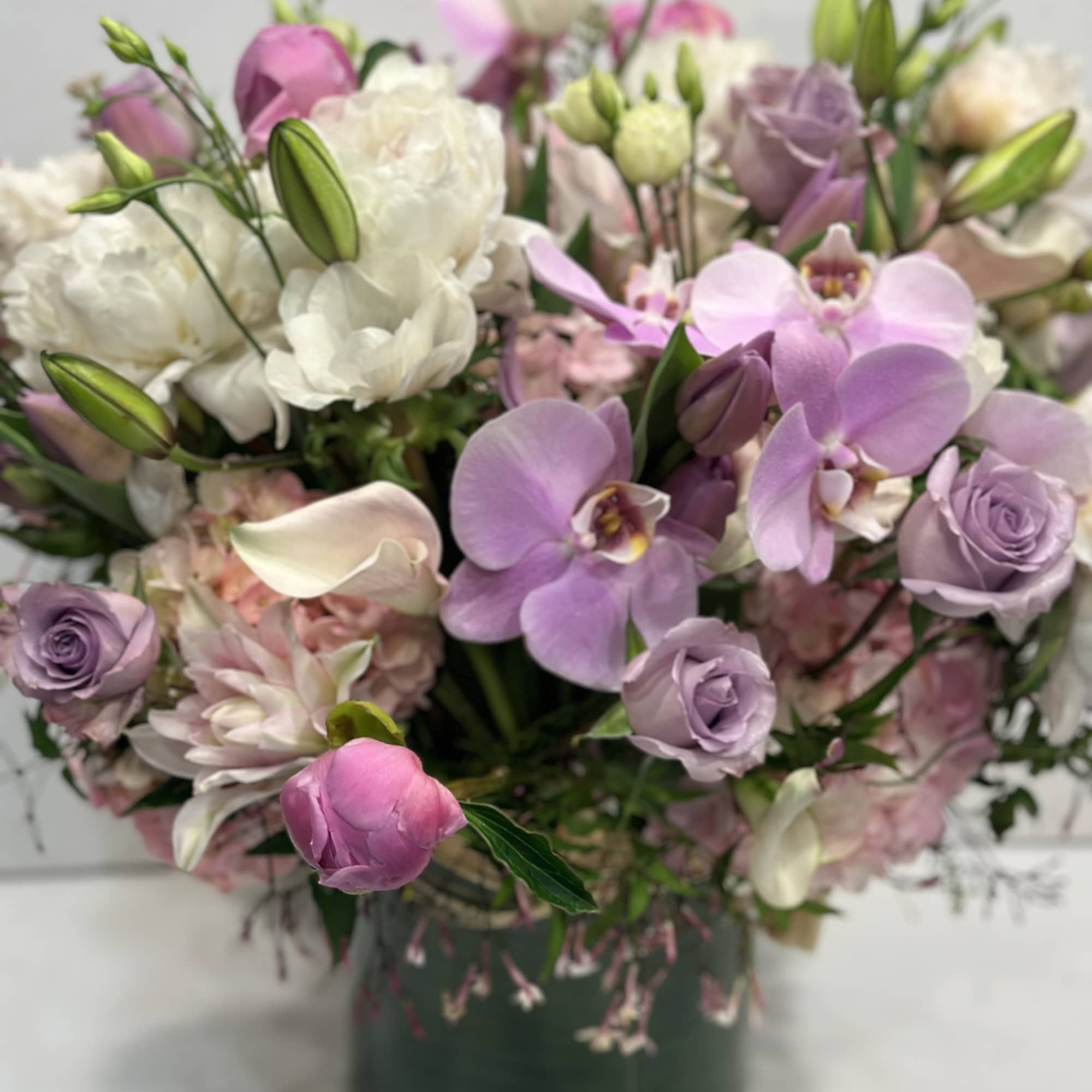 Medium high floral arrangement compose of an assortment of Jules Elie peonies, photo 5 of 7
