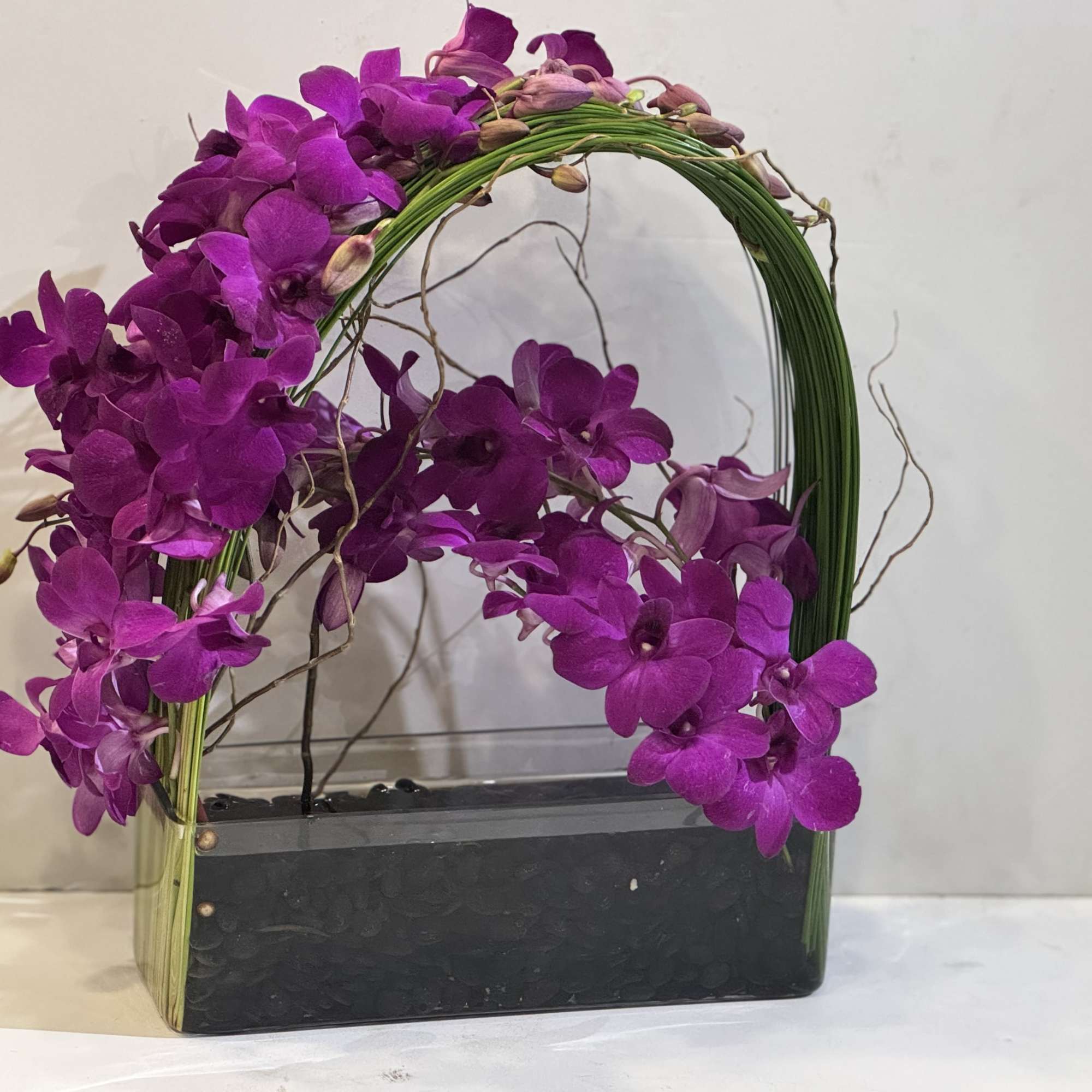 Purple orchid arrangement in a black rectangular container with a curved green frame