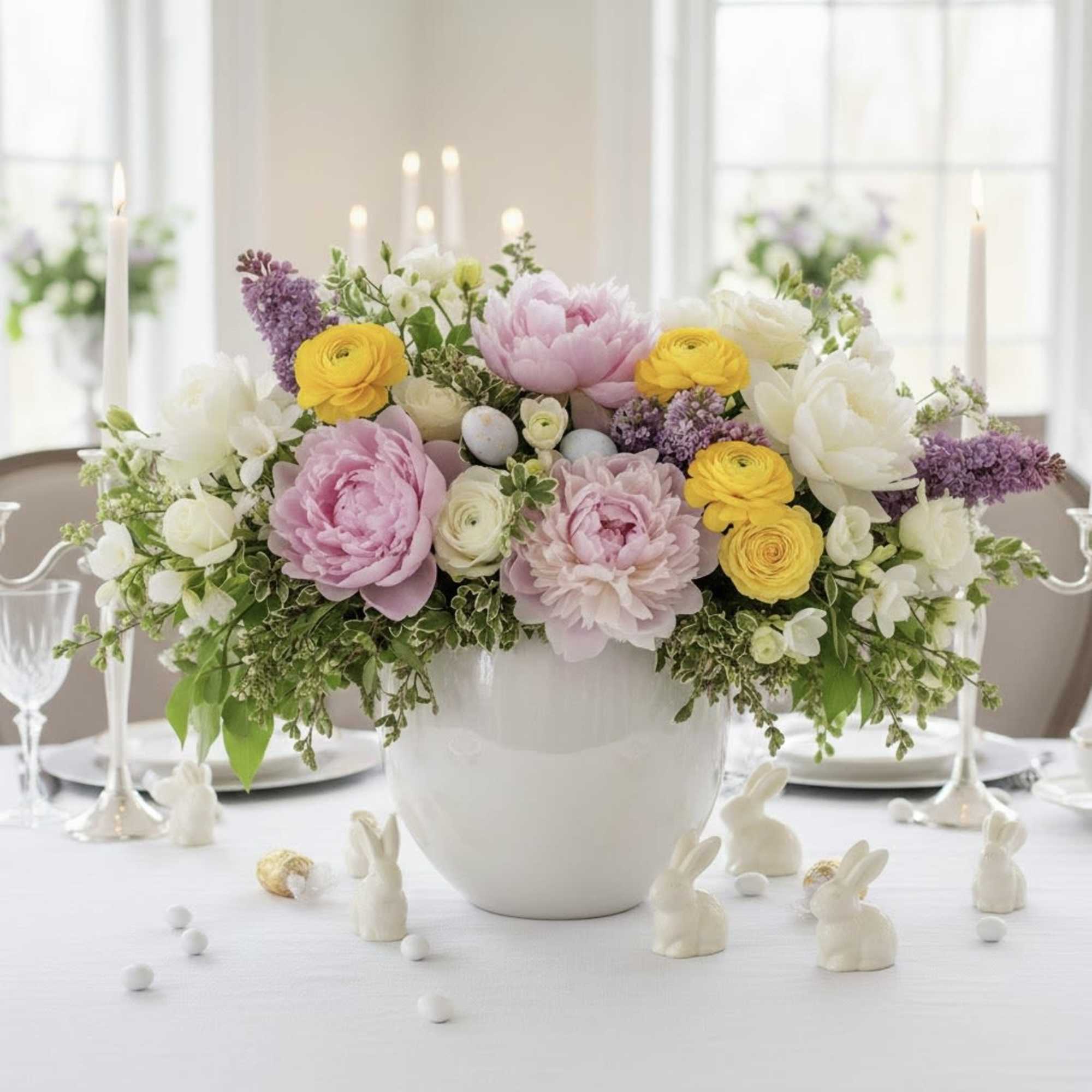 Pastel floral centerpiece in a white vase with candles and bunny figurines
