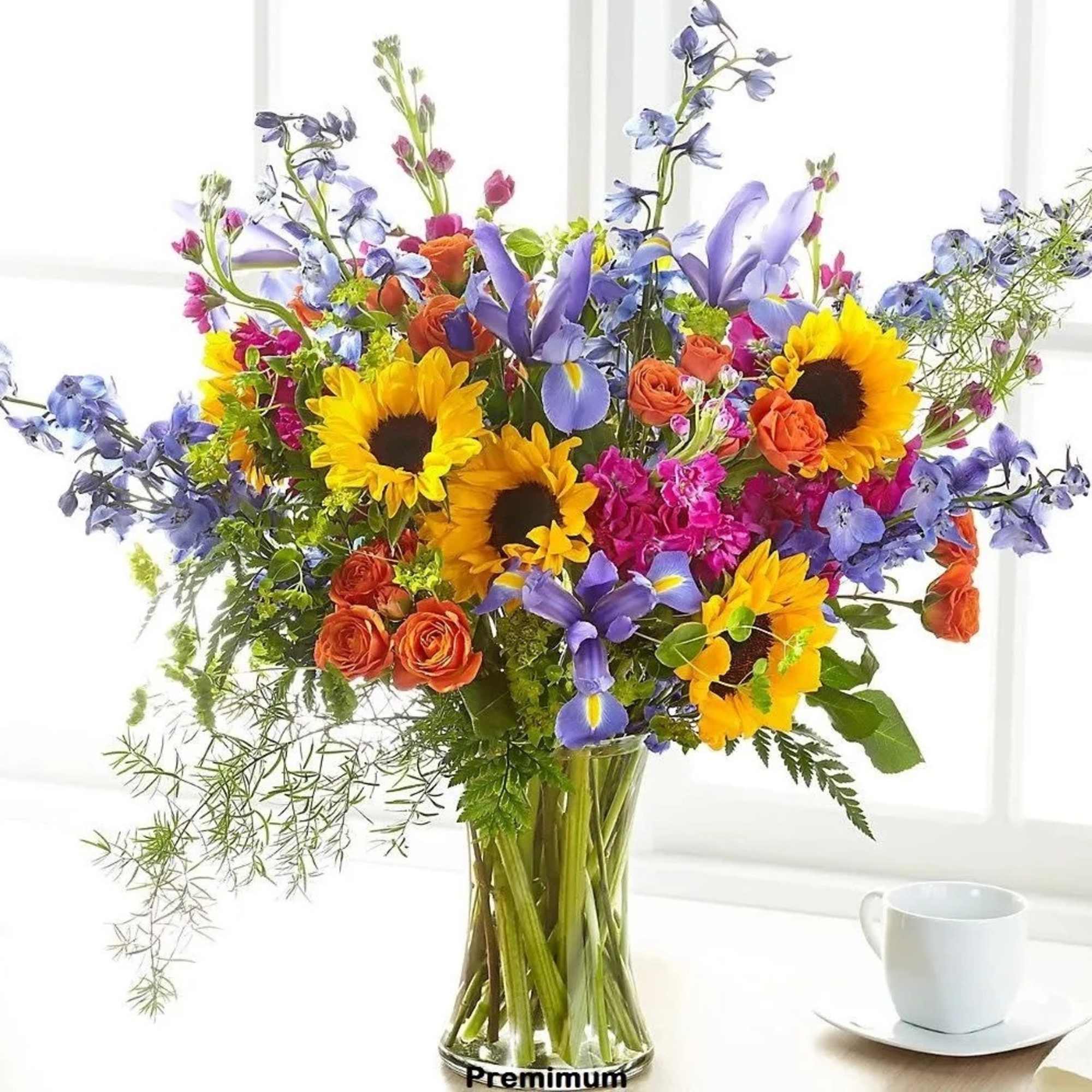 Mixed bouquet with sunflowers, purple irises, and orange roses in a glass vase