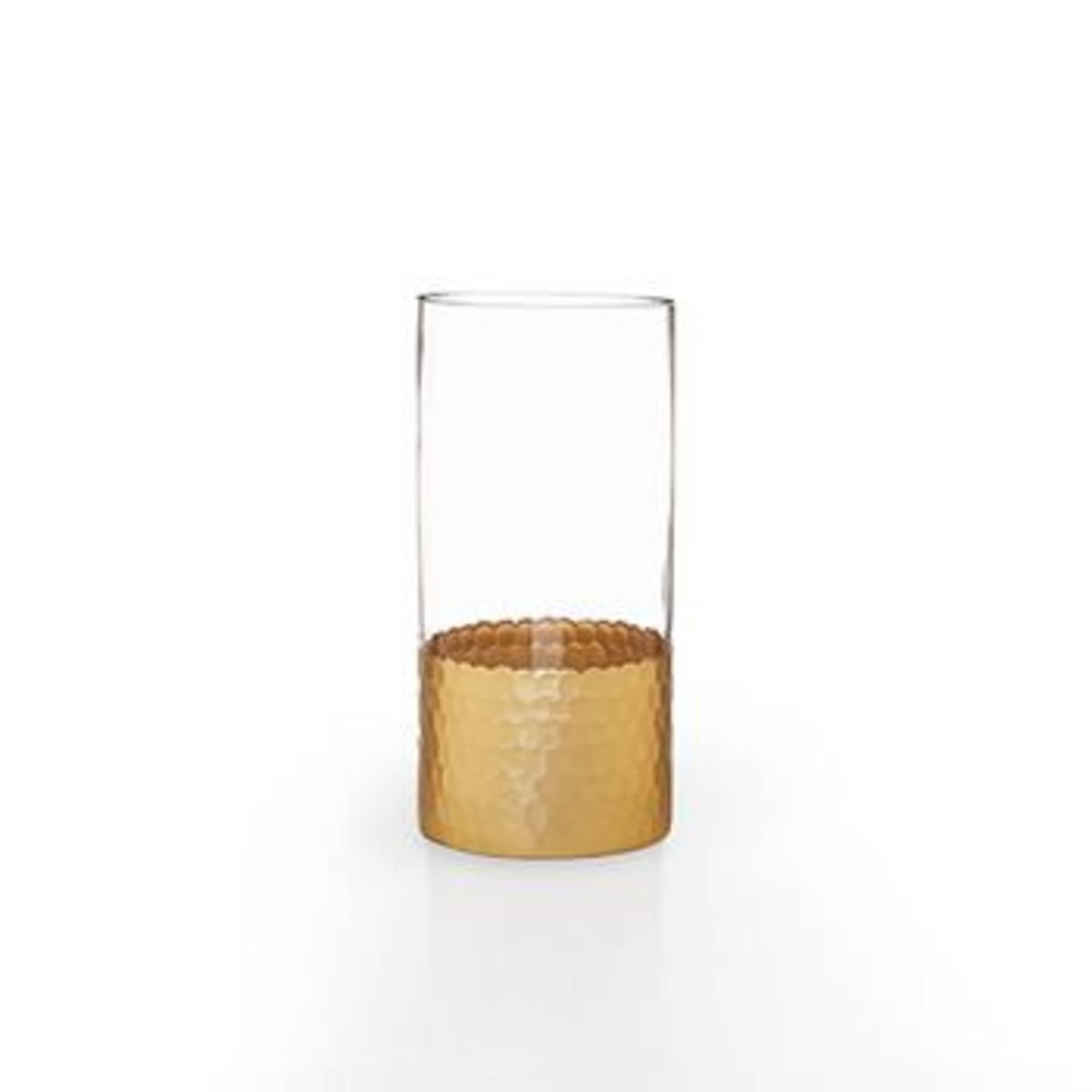 Clear glass cylinder vase with a gold textured band at the bottom