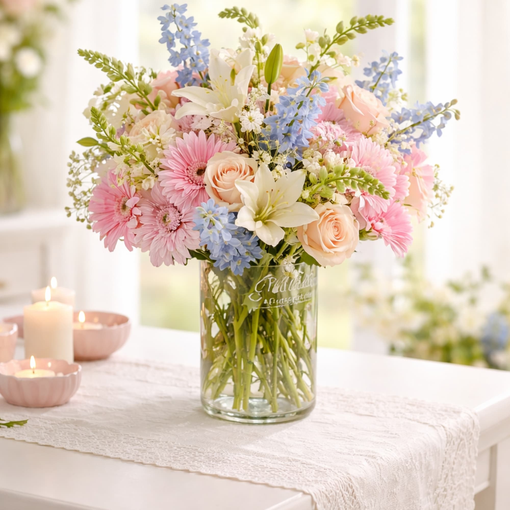 Pastel bouquet of pink, blue, and white flowers in a glass vase