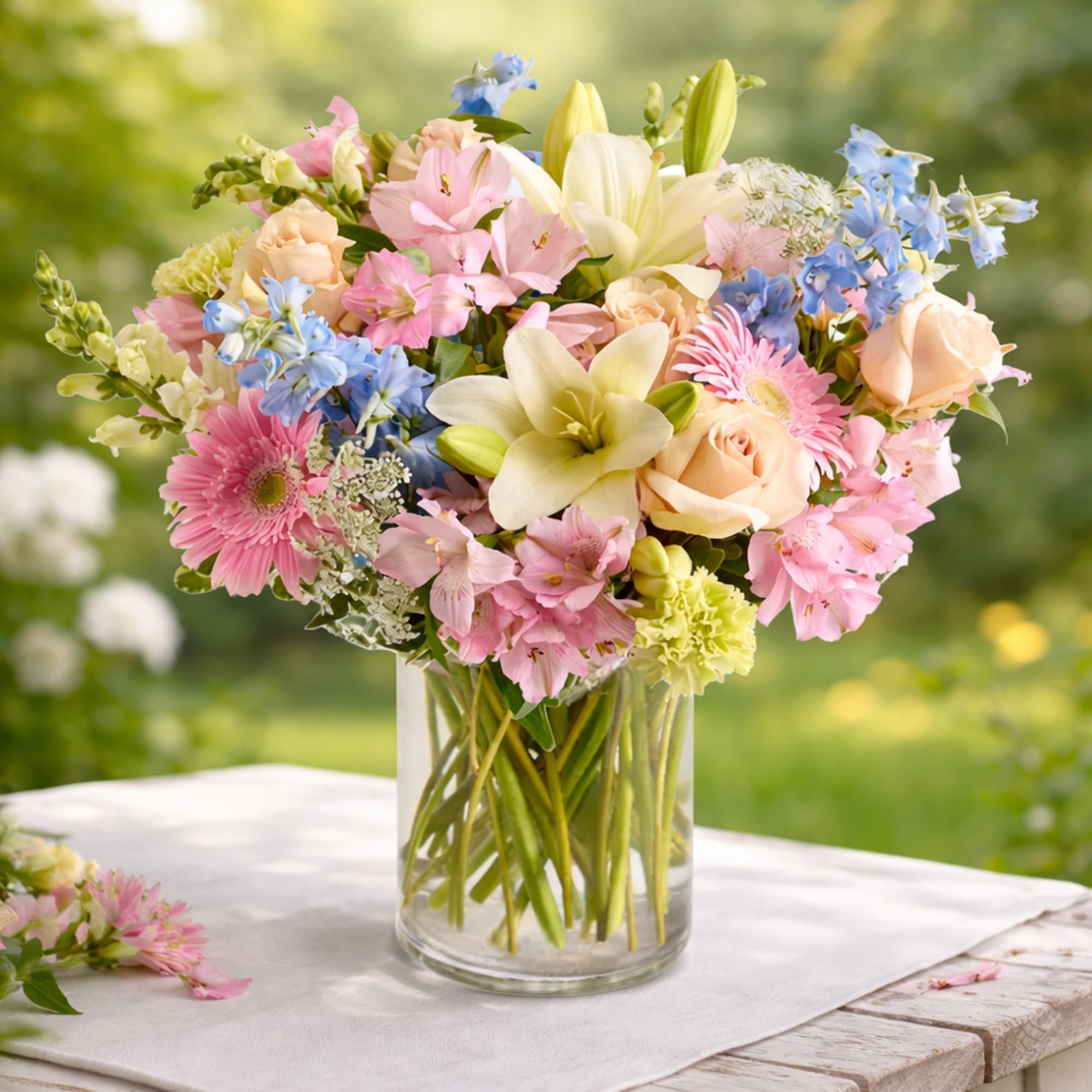 Pastel bouquet in a clear glass vase with pink, blue, and cream flowers