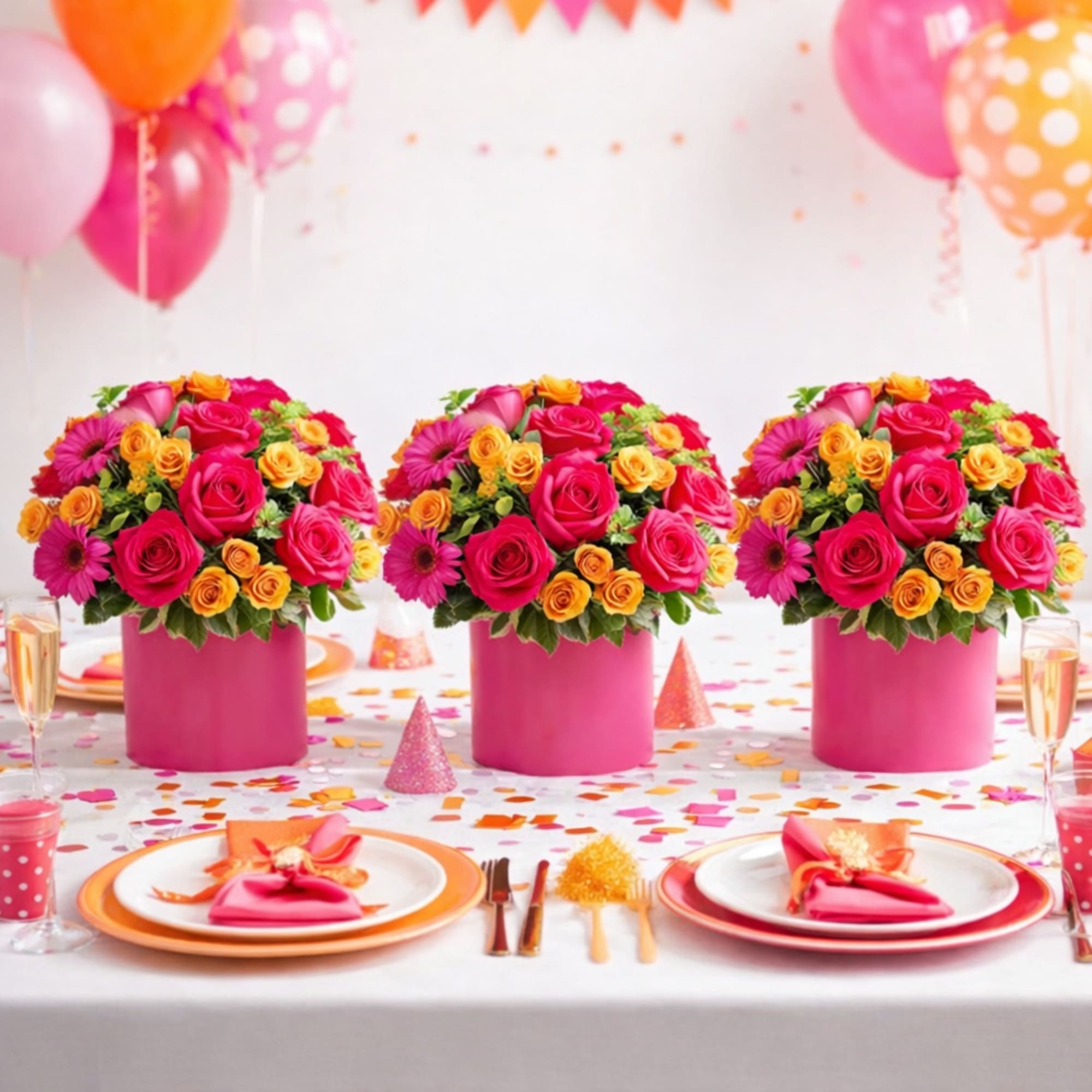 Three pink and orange rose arrangements in pink containers on a party table